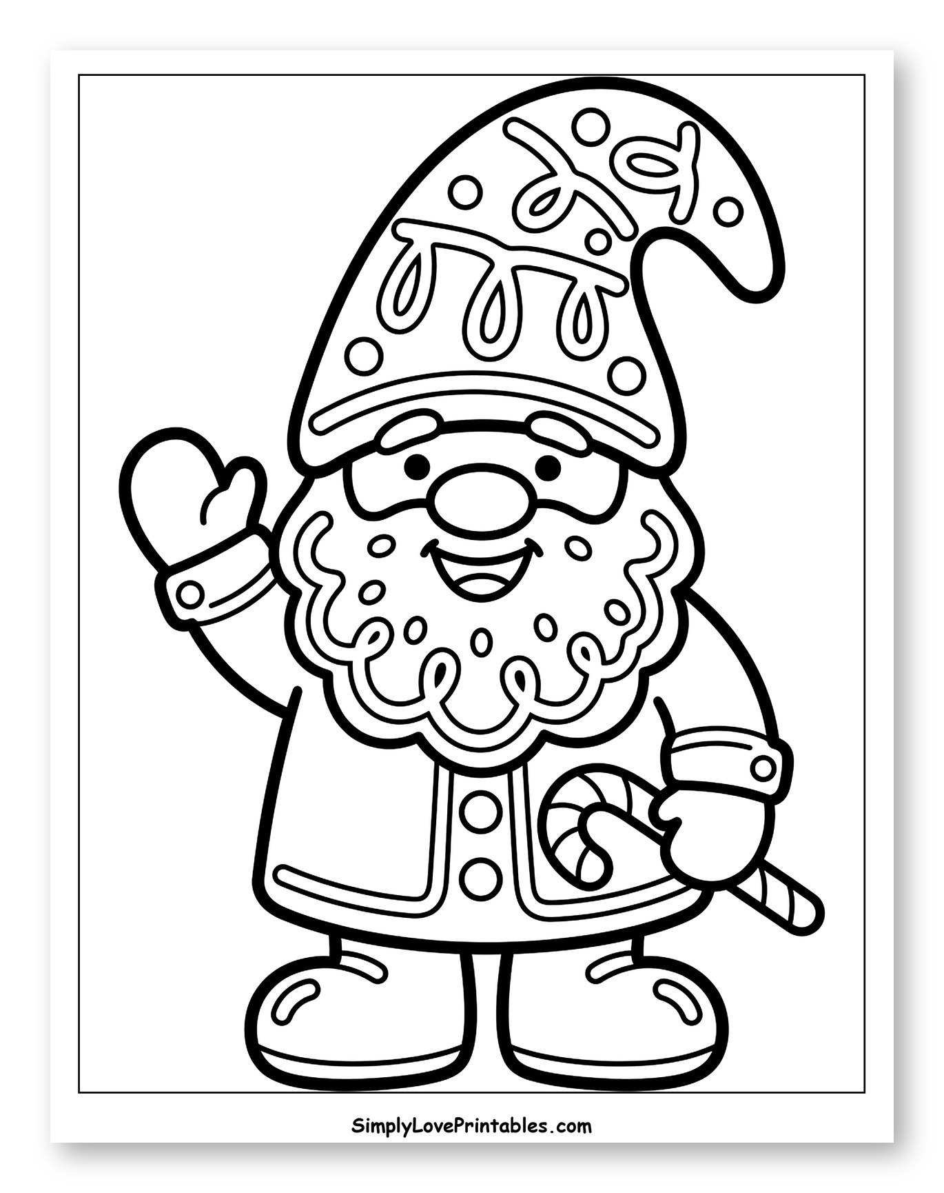 Festive Christmas Gnome Waving with Candy Cane Coloring Sheet for Toddlers