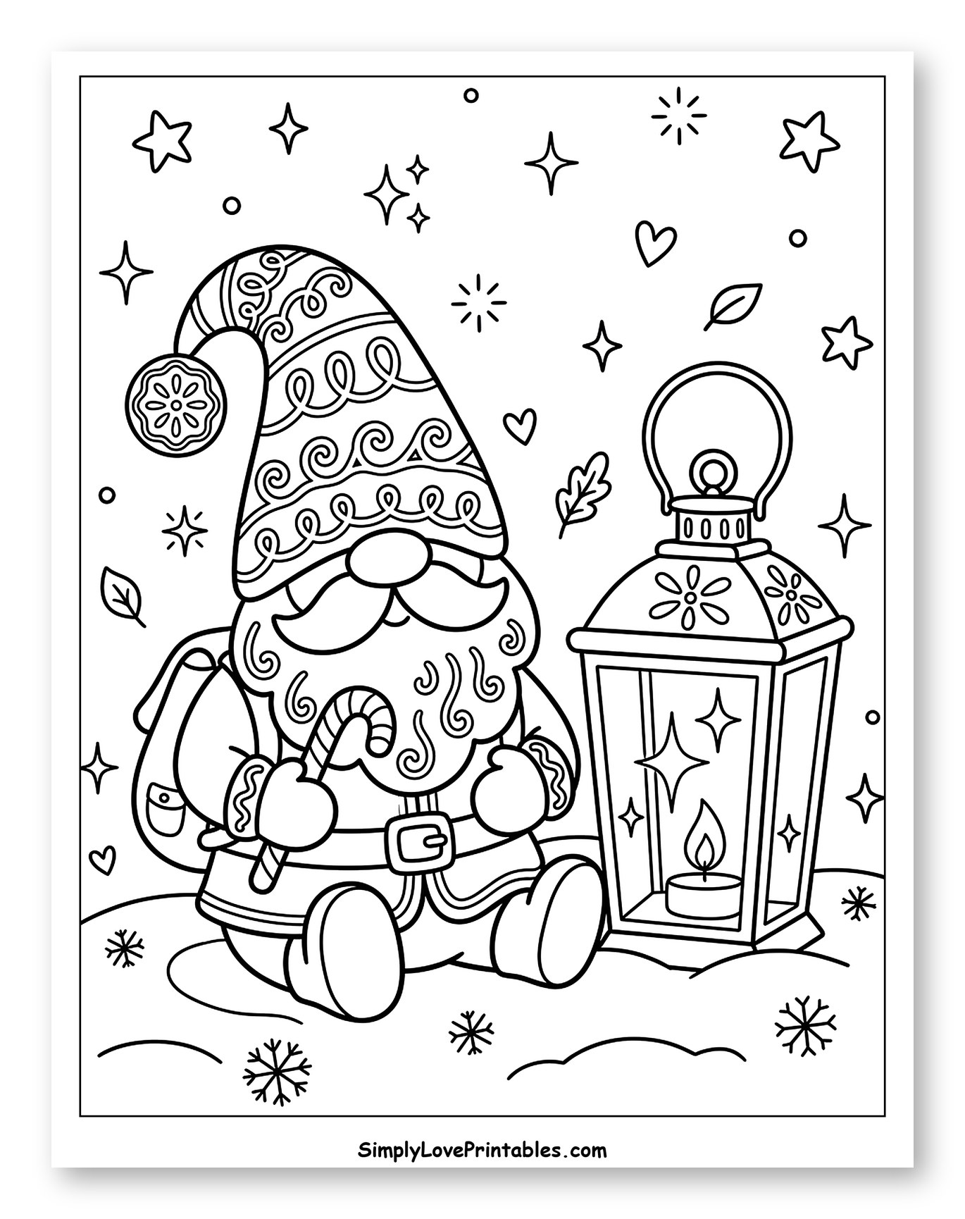 Festive Christmas Gnome with Candy Cane and Lantern to Color for Adults
