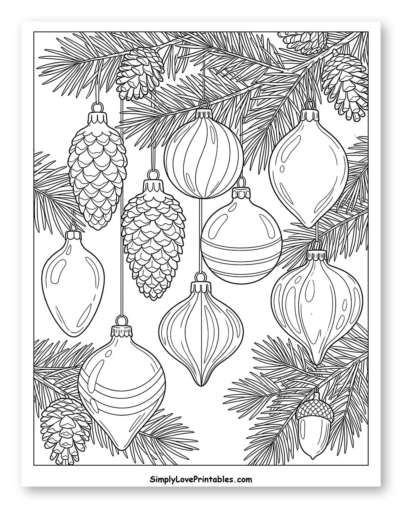 Festive Christmas Ornaments Hanging on Pine Branches Coloring Page