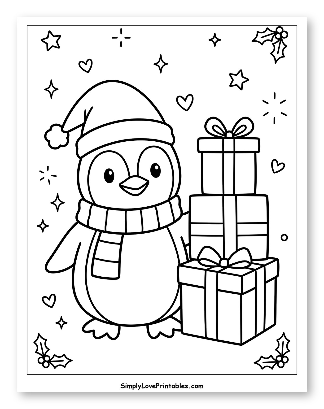 Festive Christmas Penguin Beside a Stack of Presents Coloring Sheet for Adults