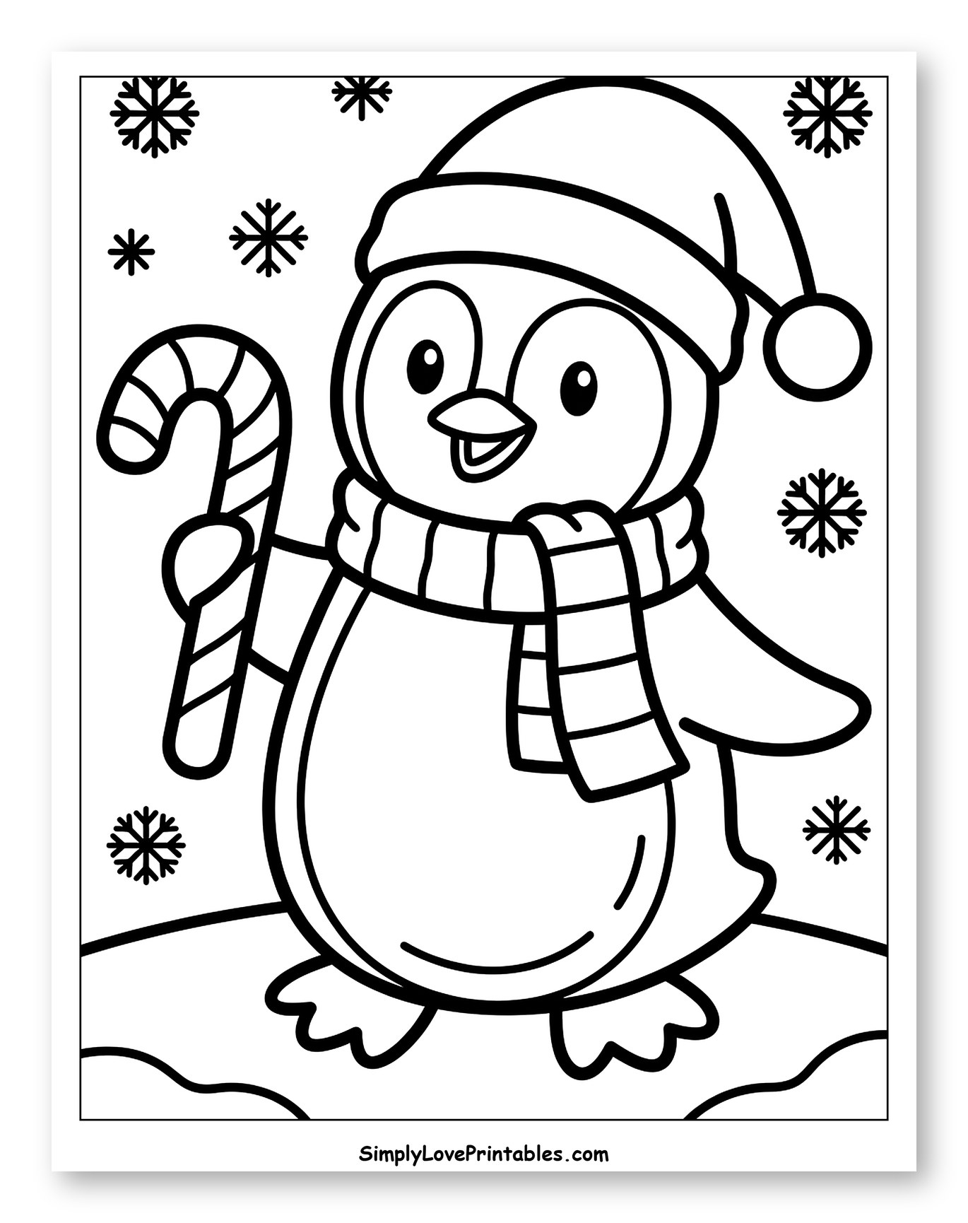 Festive Christmas Penguin Holding a Candy Cane Coloring Sheet for Toddlers