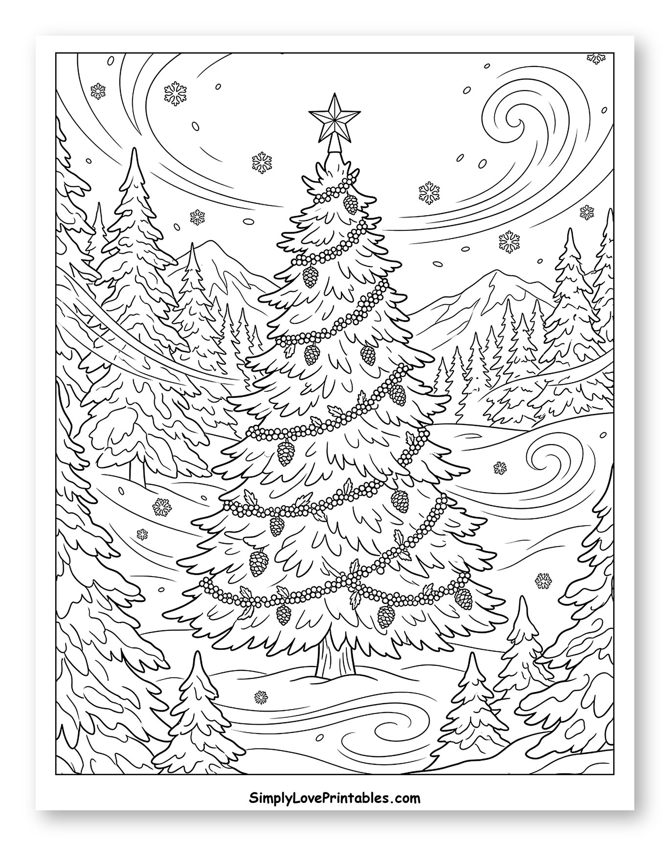 Festive Christmas Tree in a Snowy Mountain Forest Coloring Page