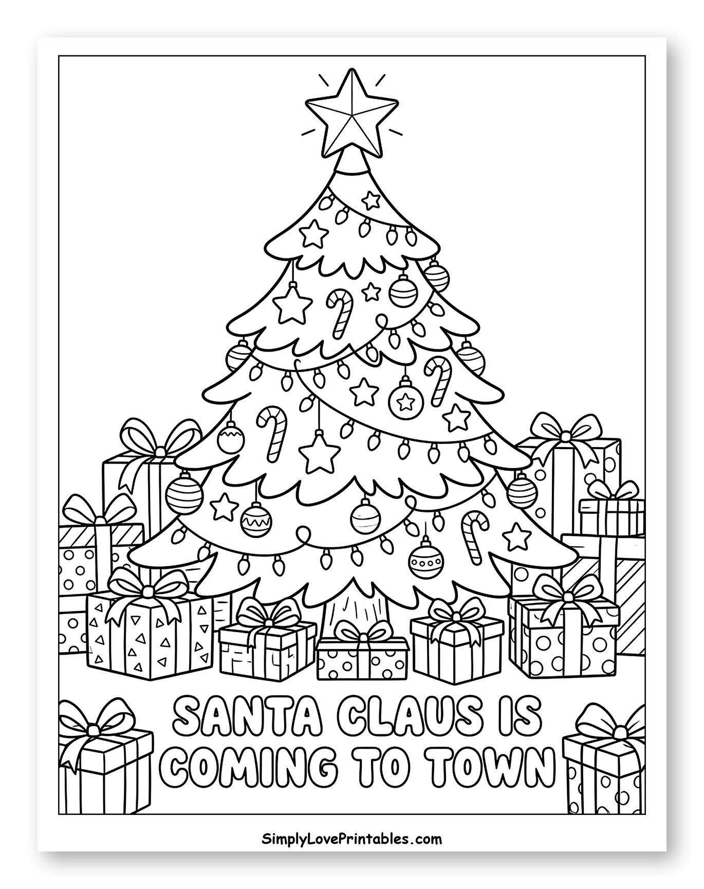 Festive Christmas Tree Surrounded by Holiday Presents Coloring Sheet for Kids