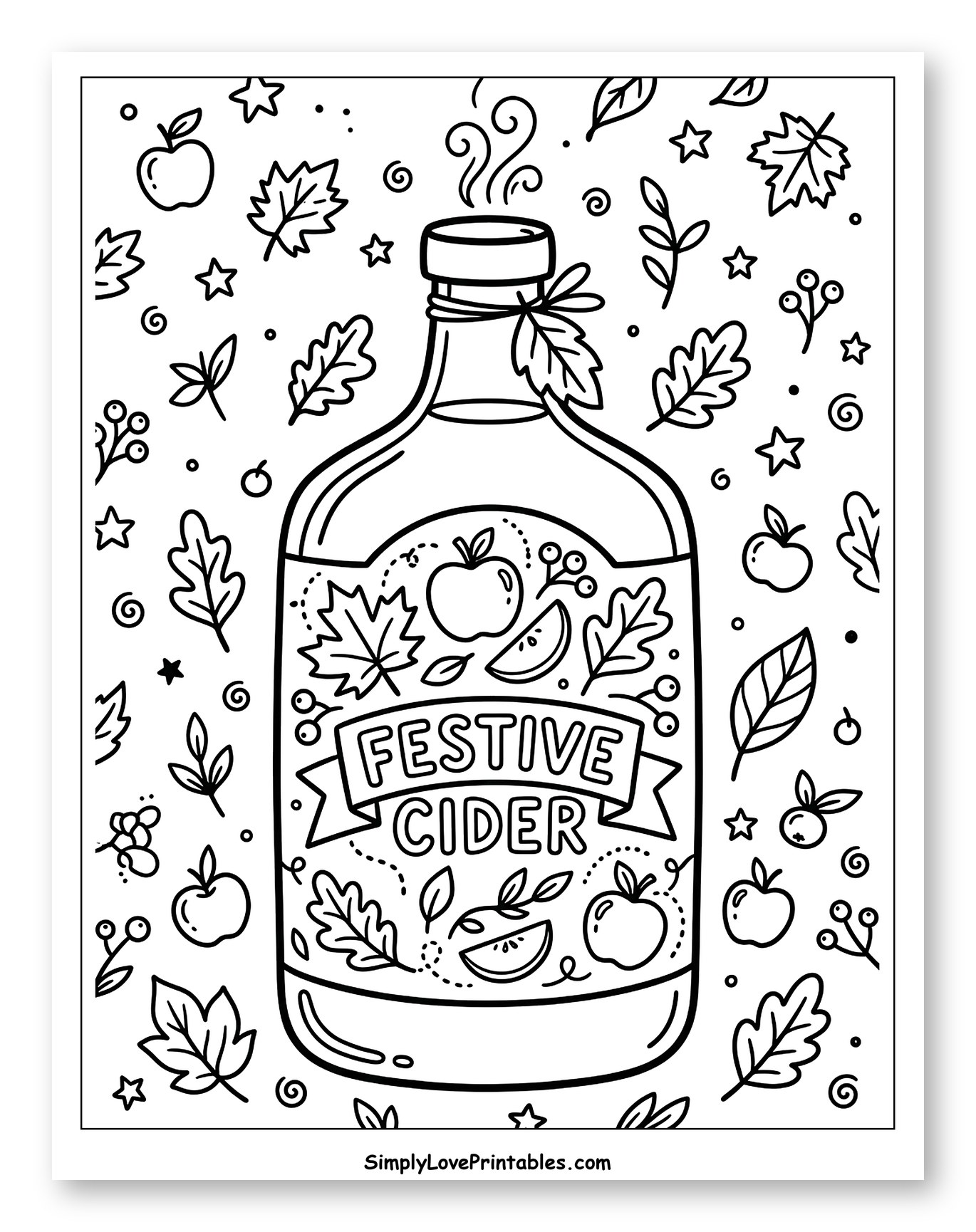 Festive Cider Bottle with Autumn Elements Coloring Page for Adults