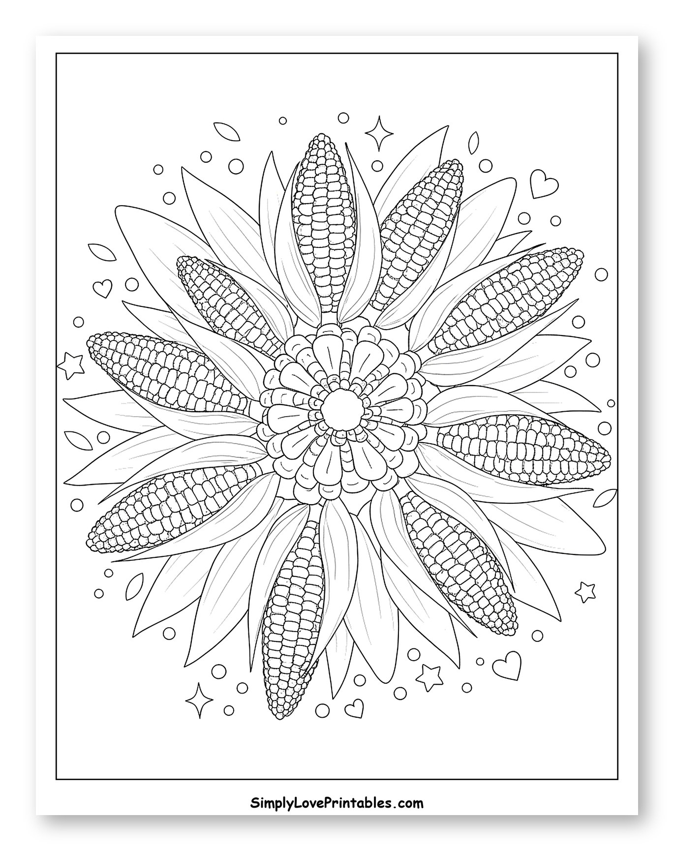 Festive Corn Cobs in a Mandala Pattern Coloring Page for Adults