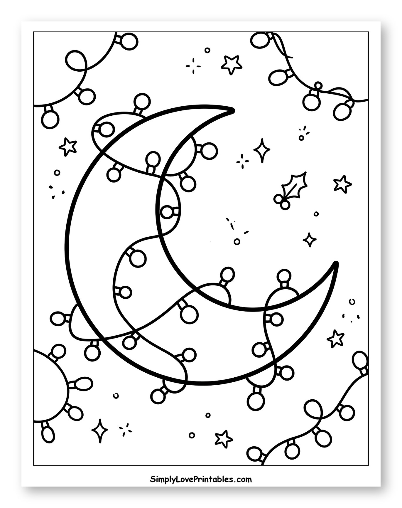 Festive Crescent Moon with Christmas Lights Coloring Sheet for Adults