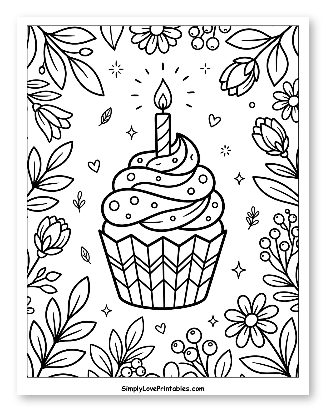 Festive Cupcake with Candle and Floral Border
