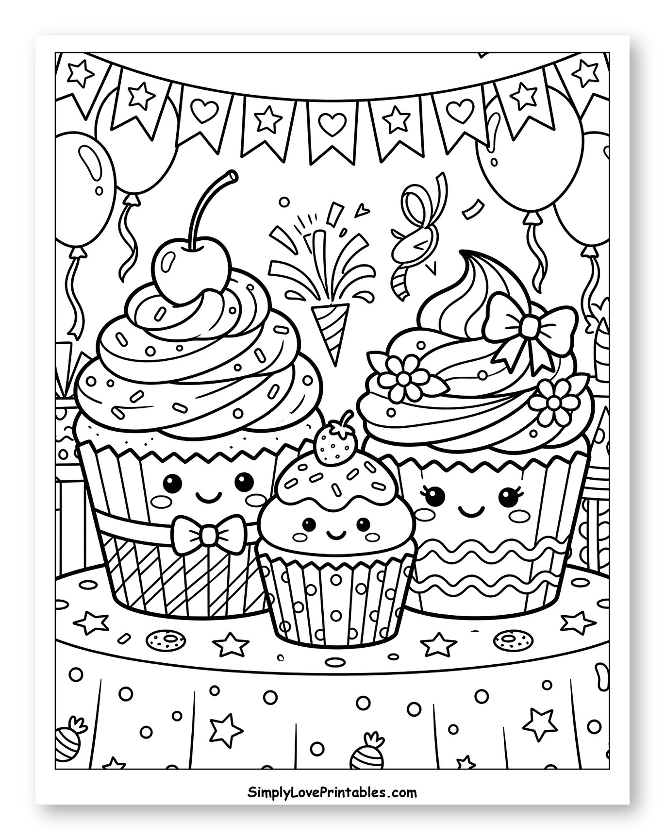 Festive Cupcakes with Party Decorations Coloring Page for Kids