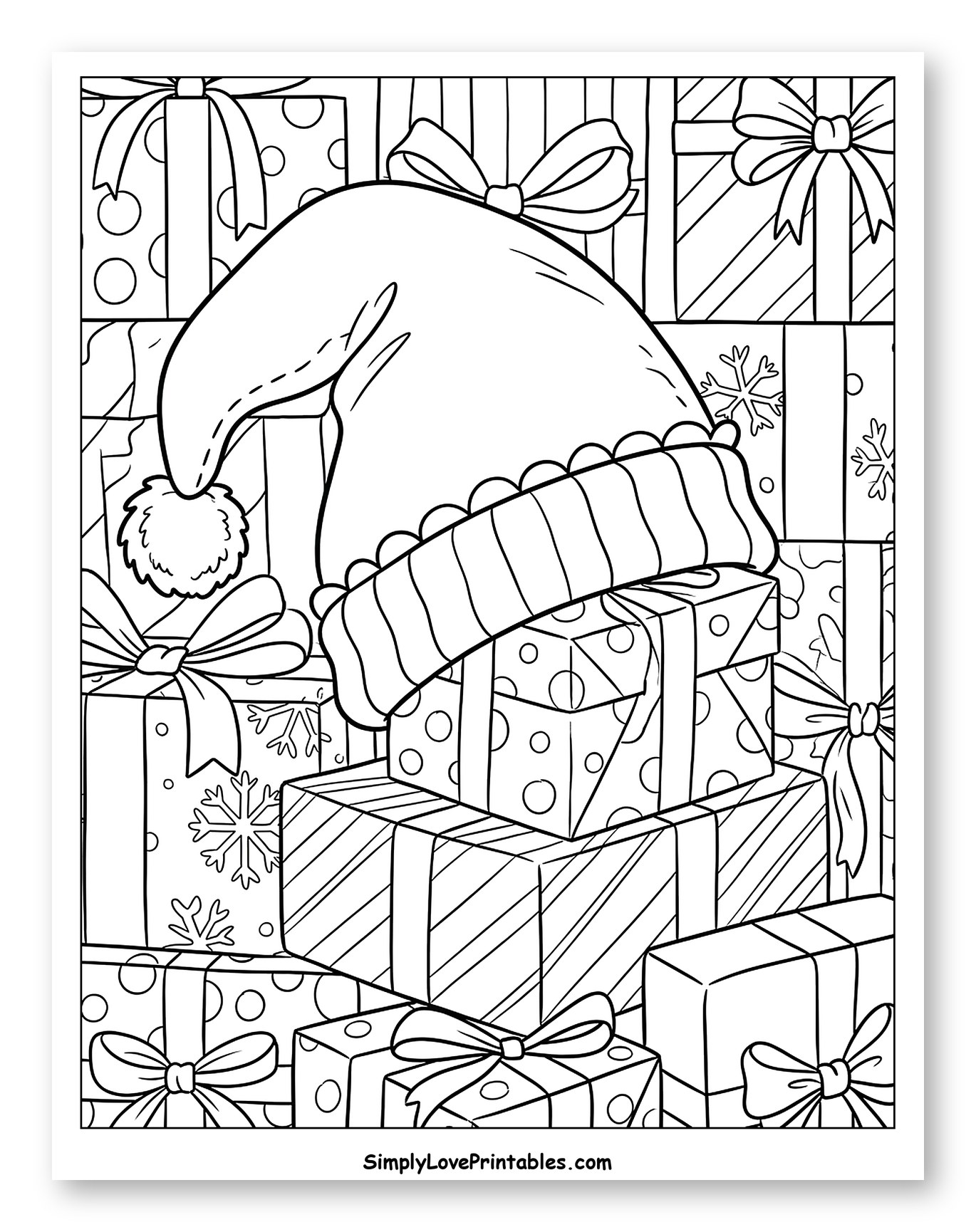 Festive Elf Hat on a Stack of Gifts Coloring Page