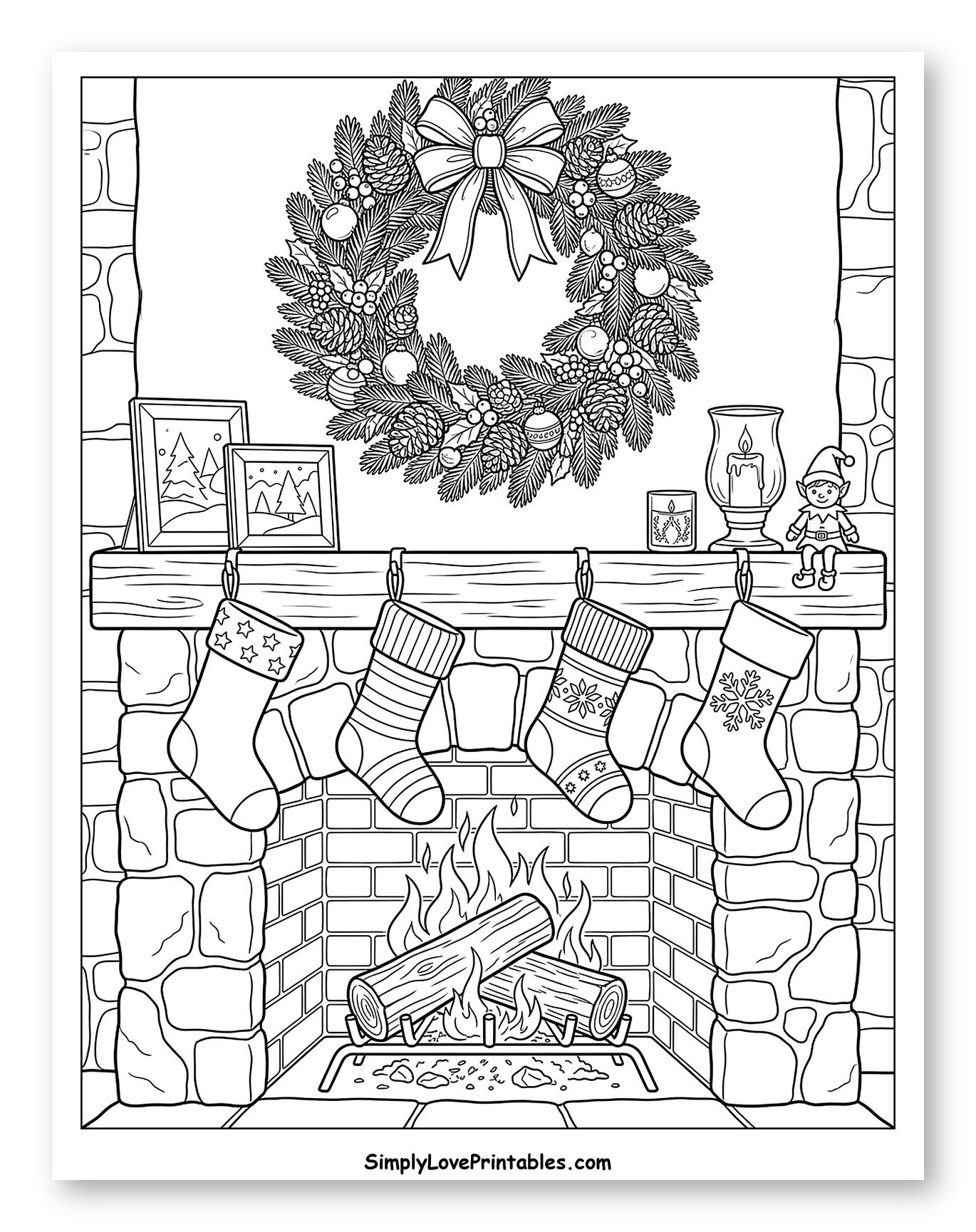 Festive Fireplace Decorated with a Christmas Wreath Coloring Page