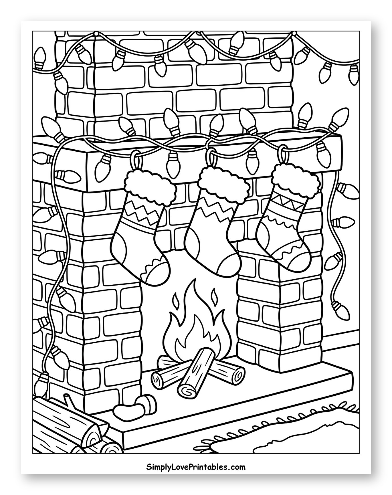 Festive Fireplace Decorated with Stockings and Lights Coloring Page for Kids