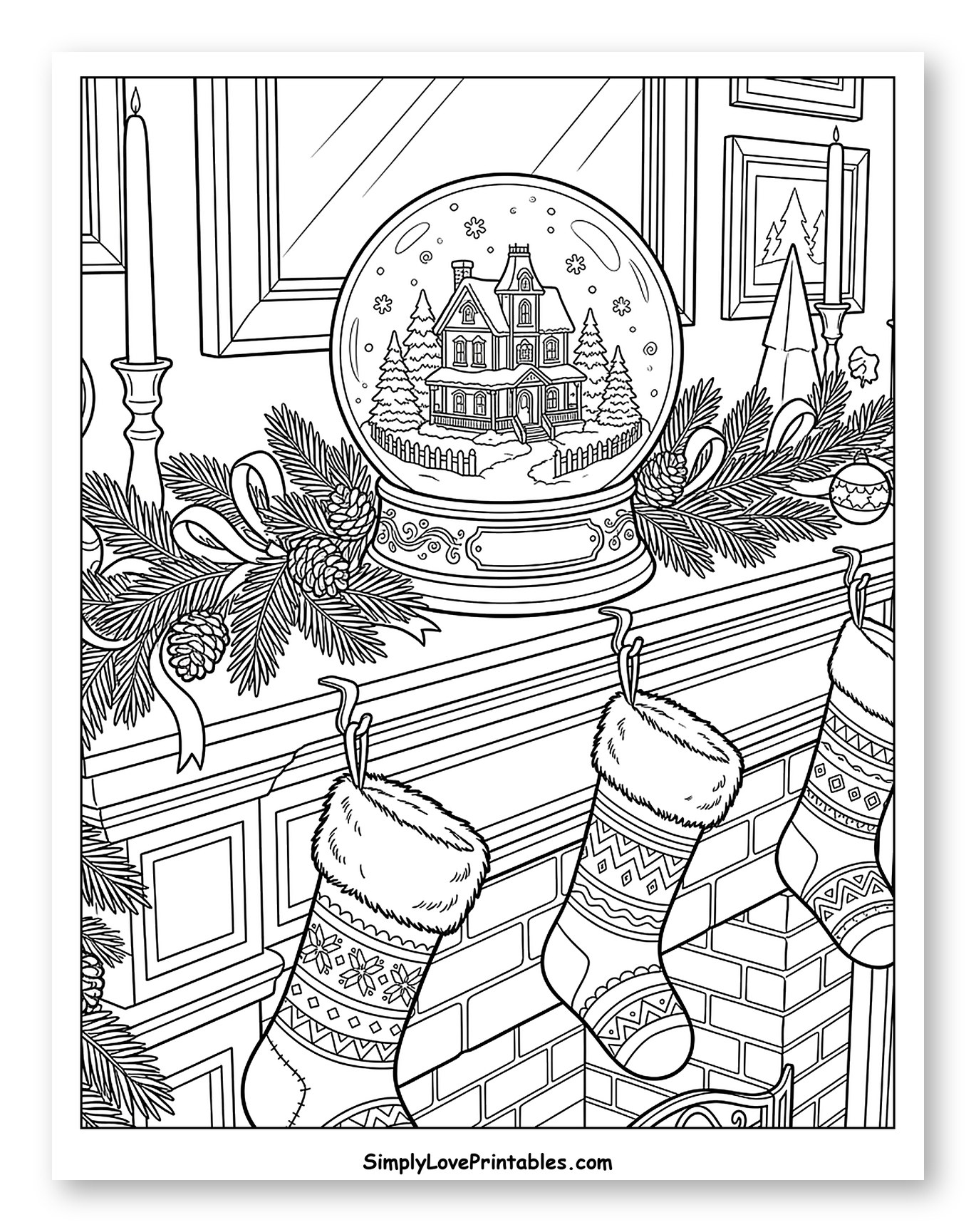 Festive Fireplace Mantel with Winter Snow Globe Coloring Page