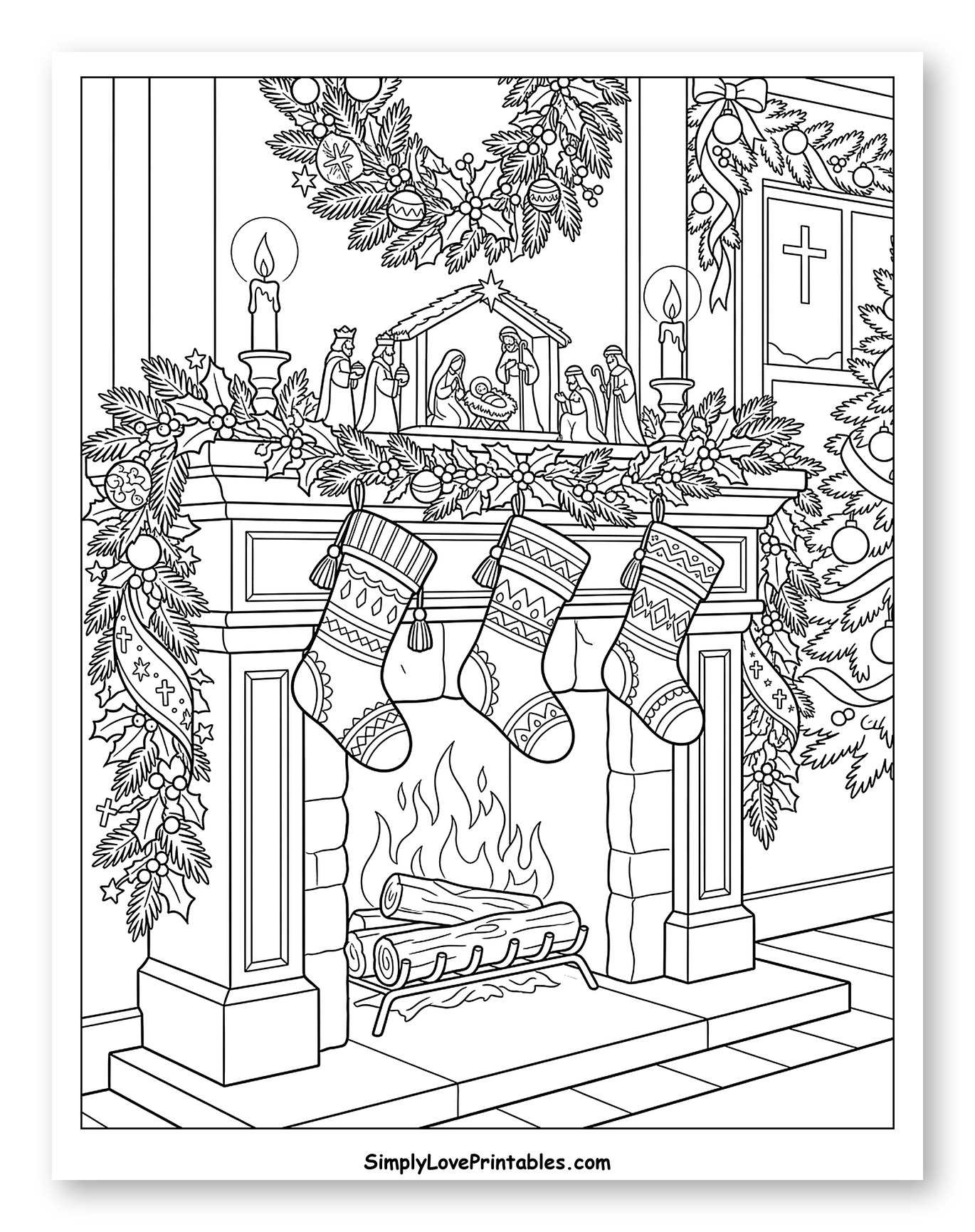 Festive Fireplace with Nativity Scene and Stockings to Color