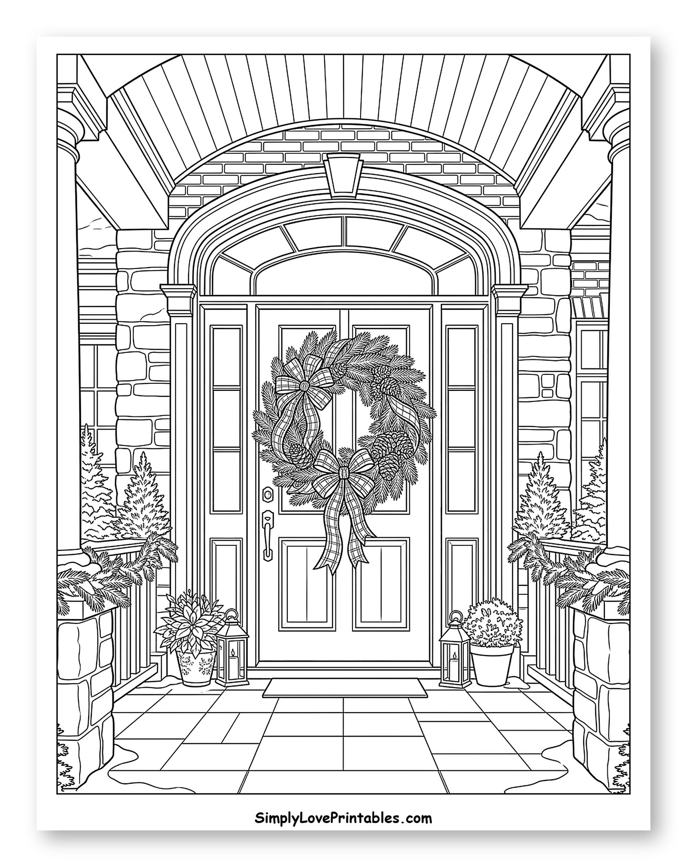 Festive Front Door with Elegant Christmas Wreath to Color