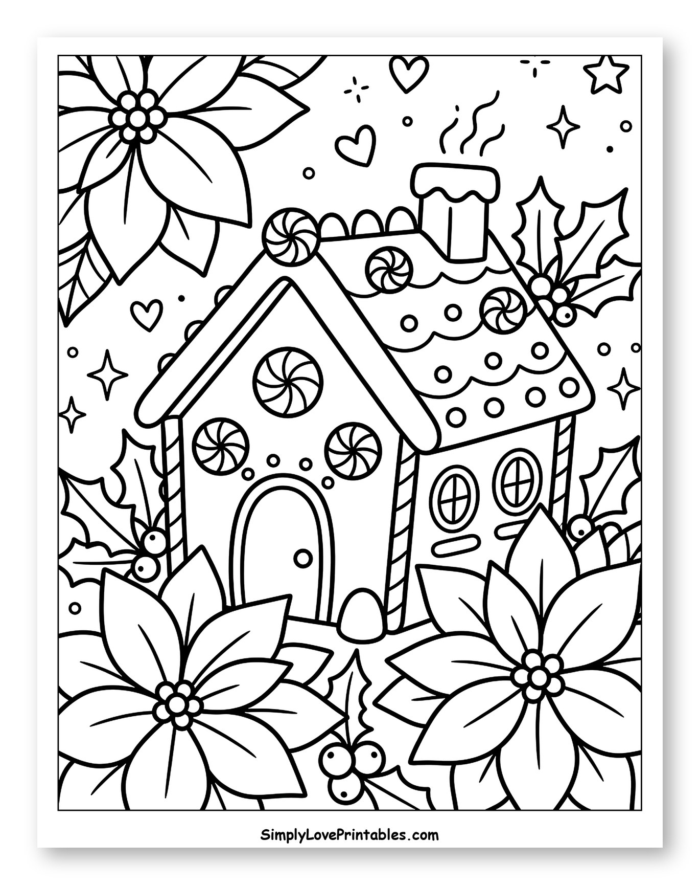 Festive Gingerbread House Framed by Poinsettias