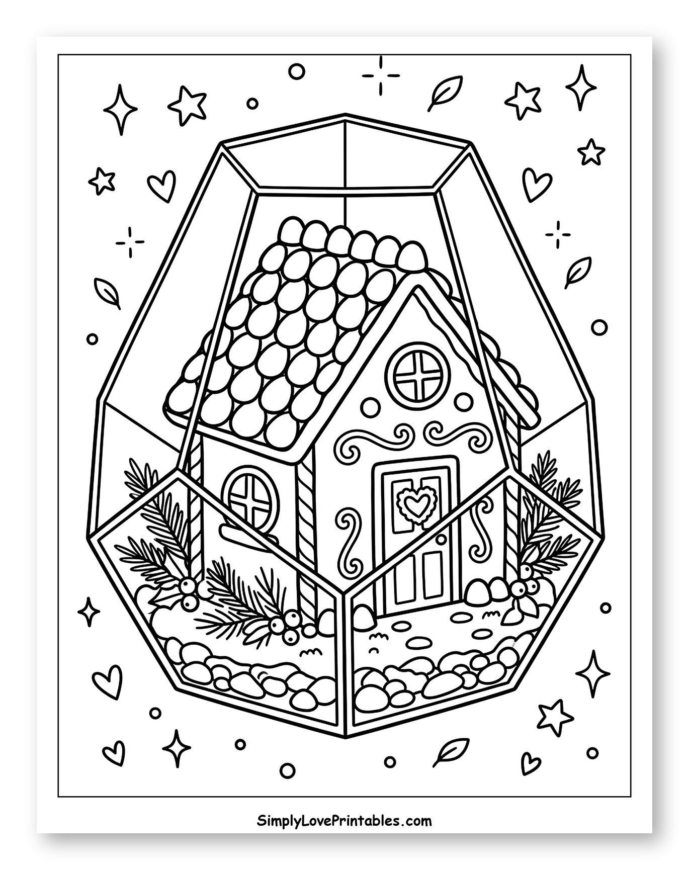 Festive Gingerbread House in a Glass Terrarium Coloring Sheet for Adults
