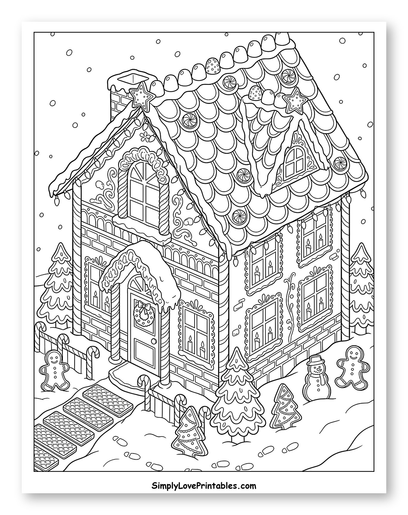 Festive Gingerbread House in a Winter Wonderland Coloring Sheet