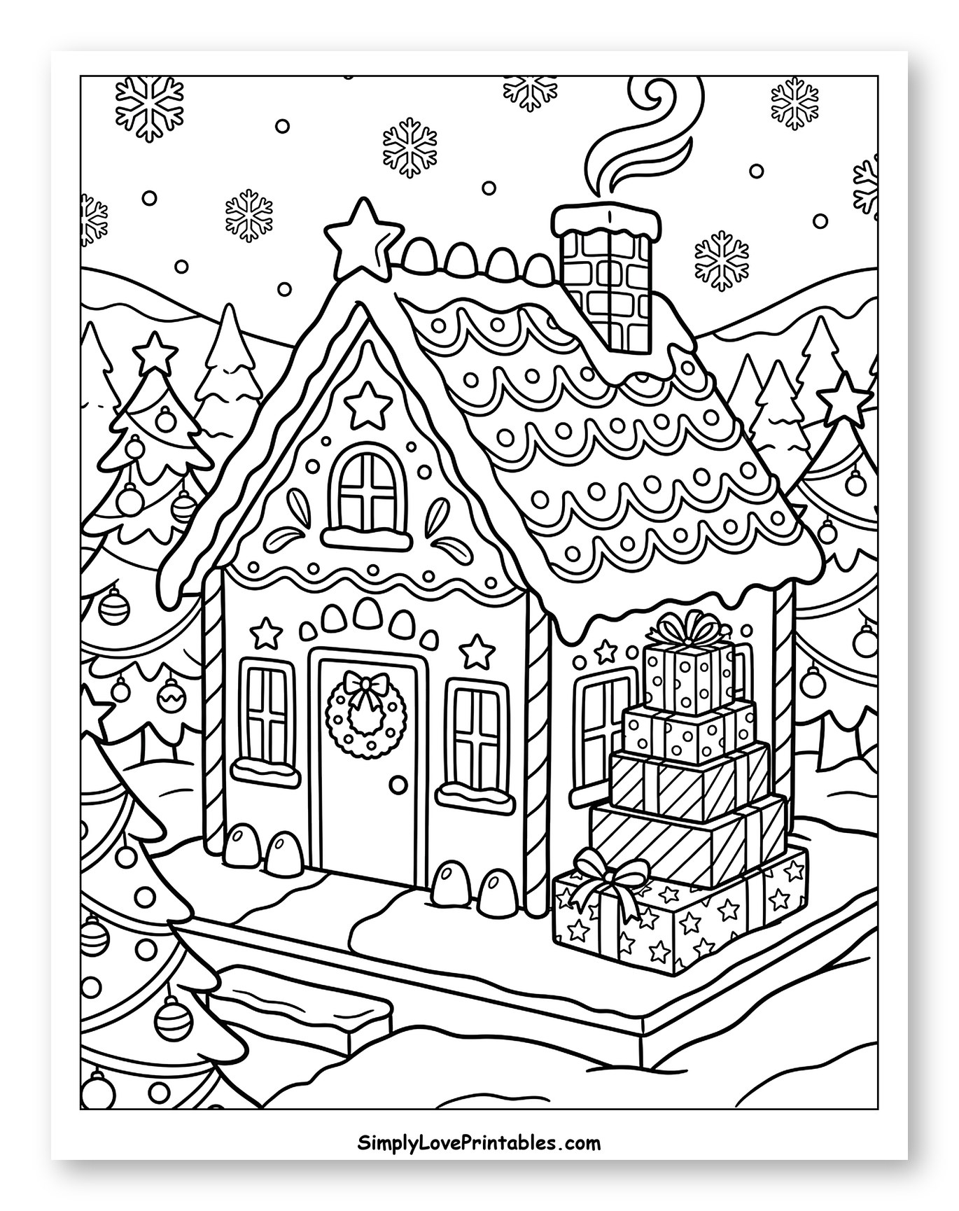 Festive Gingerbread House in a Winter Wonderland to Color for Kids