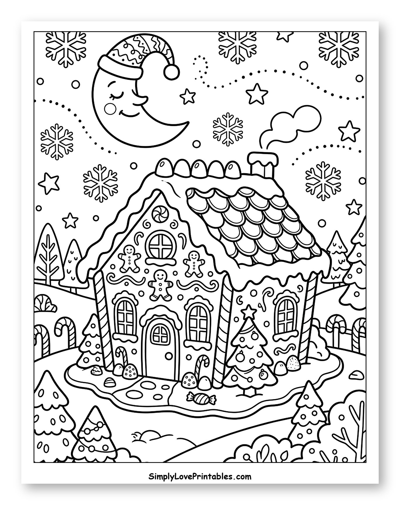 Festive Gingerbread House Under a Cozy Winter Moon to Color for Kids