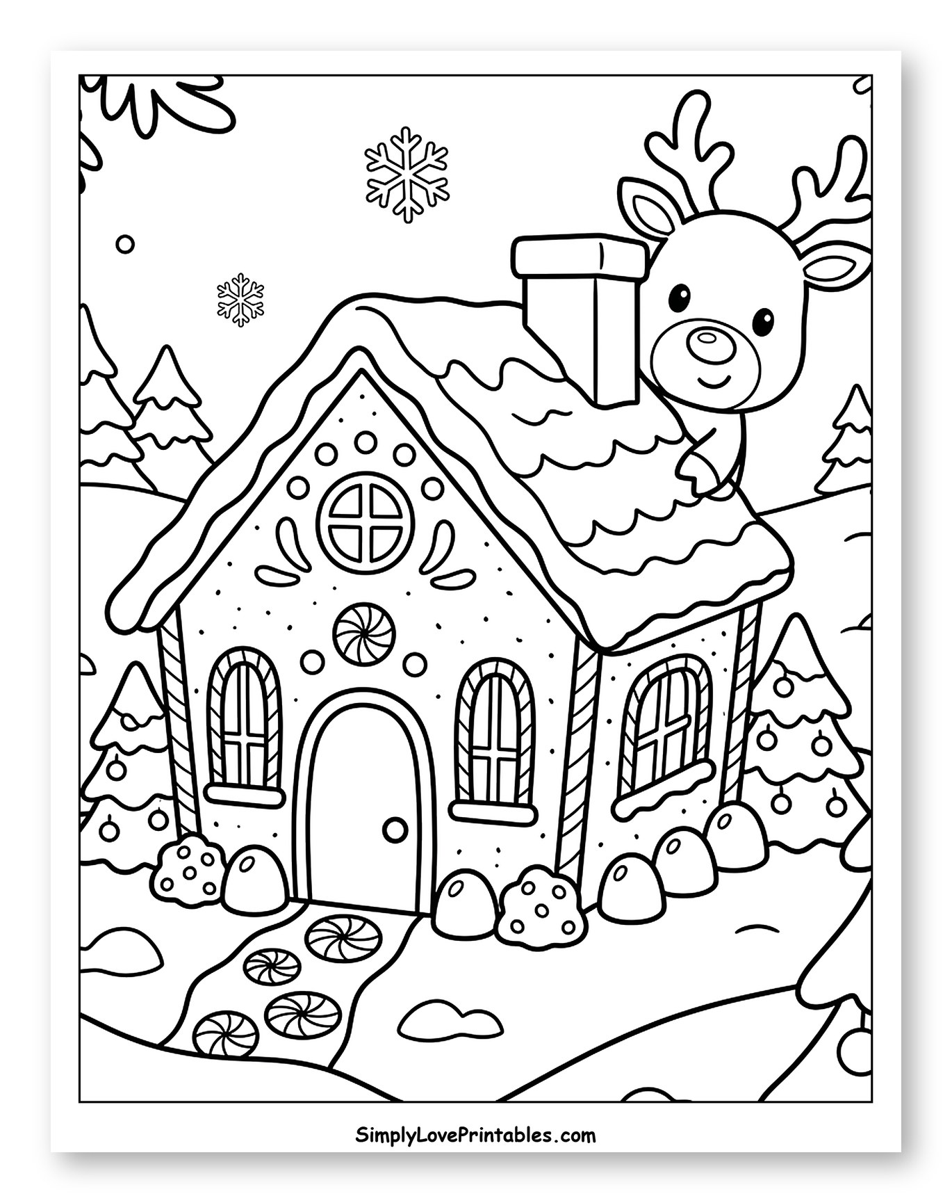 Festive Gingerbread House with a Friendly Reindeer
