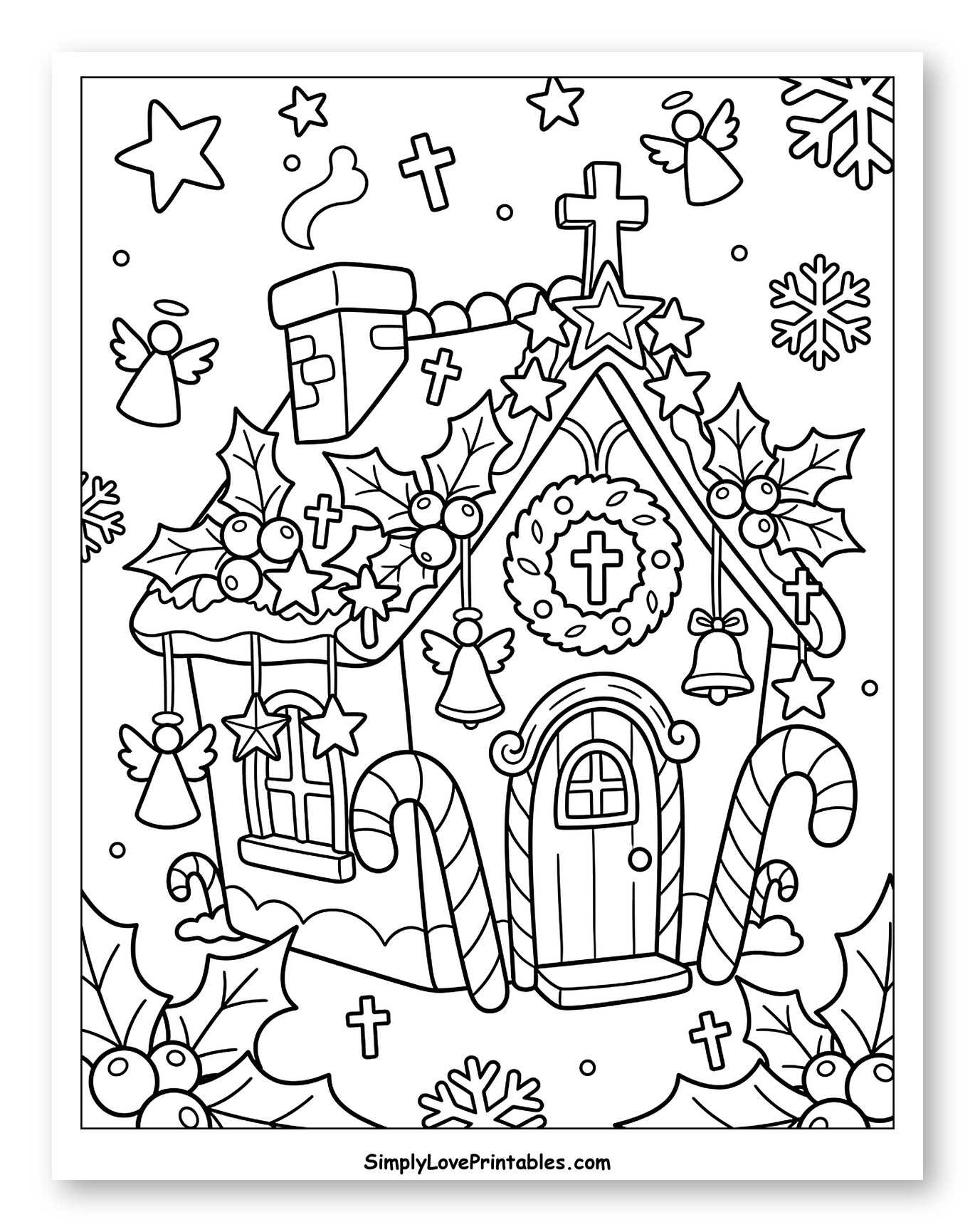 Festive Gingerbread House with Candy Canes and Angels to Color for Adults