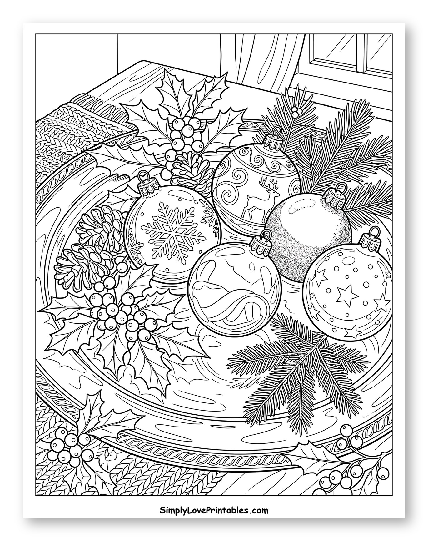 Festive Holiday Ornaments on a Decorative Tray Coloring Page