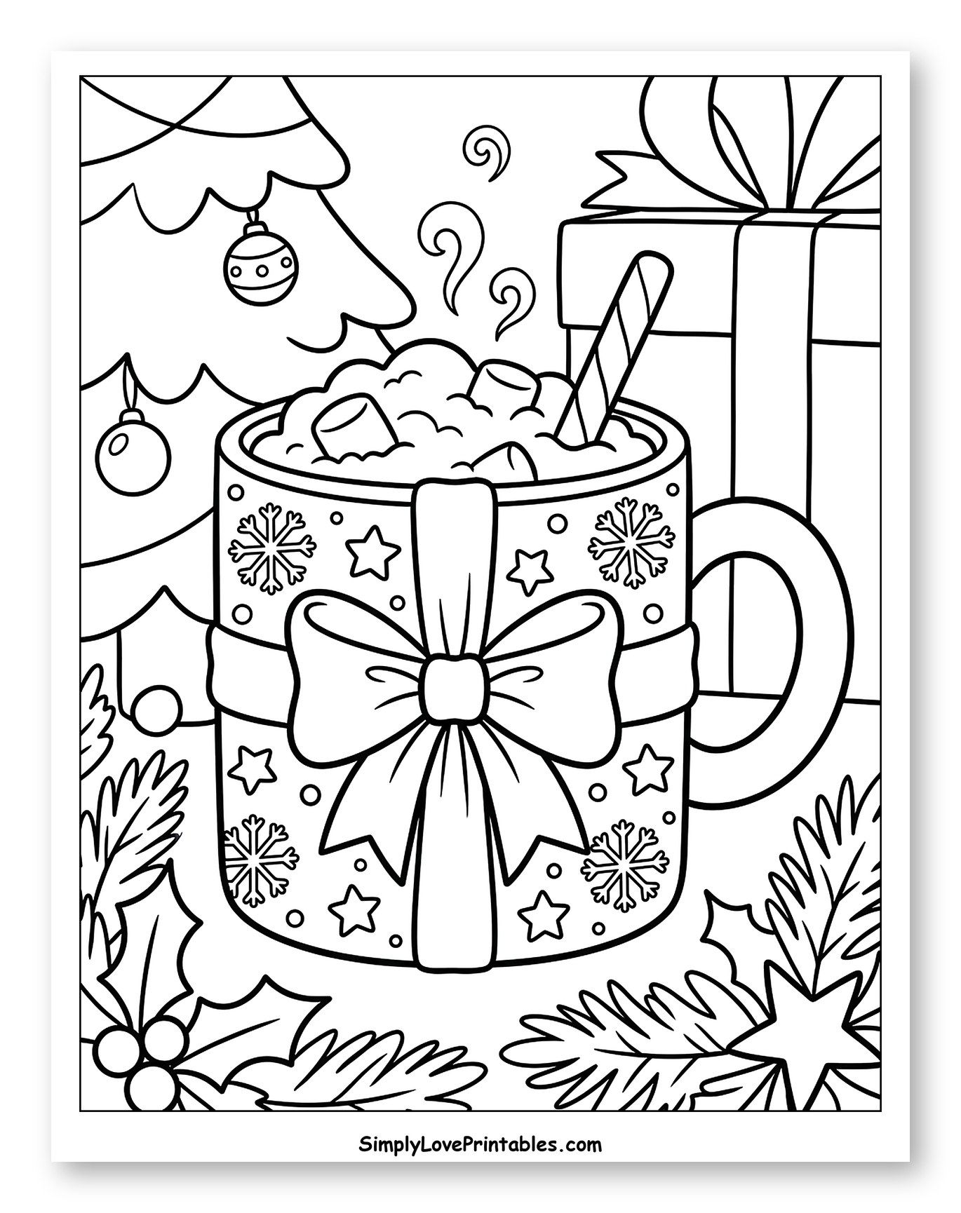 Festive Hot Chocolate Mug with Holiday Elements Coloring Sheet for Kids