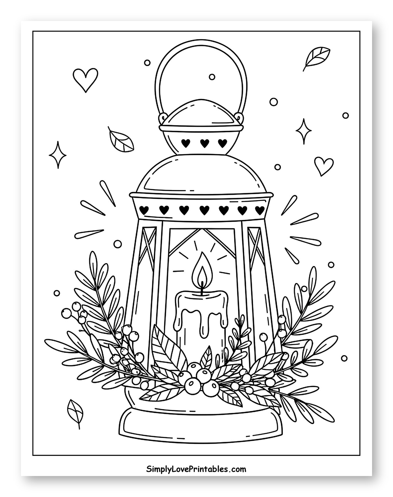 Festive Lantern with Candle, Berries, and Hearts to Color for Adults