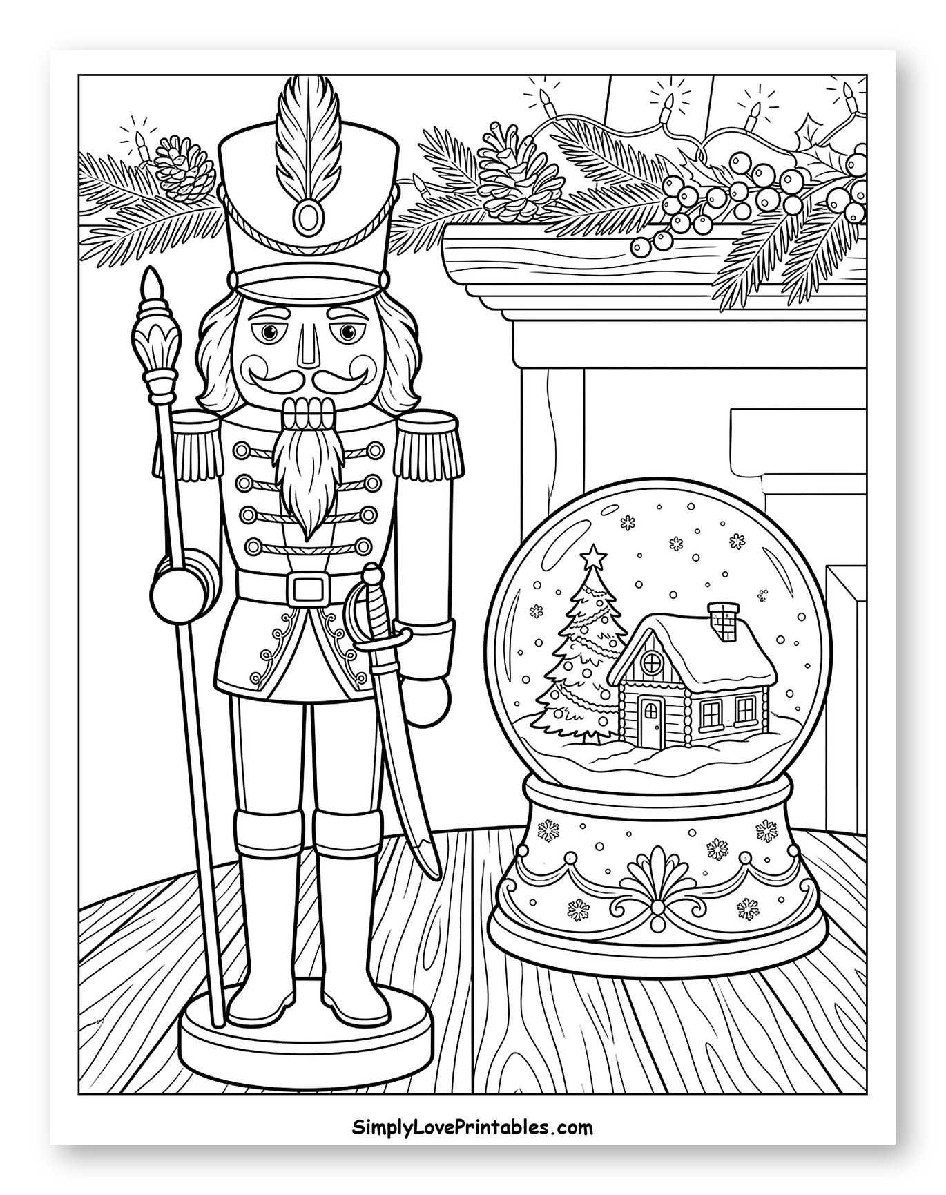 Festive Nutcracker and Winter Snow Globe Coloring Sheet