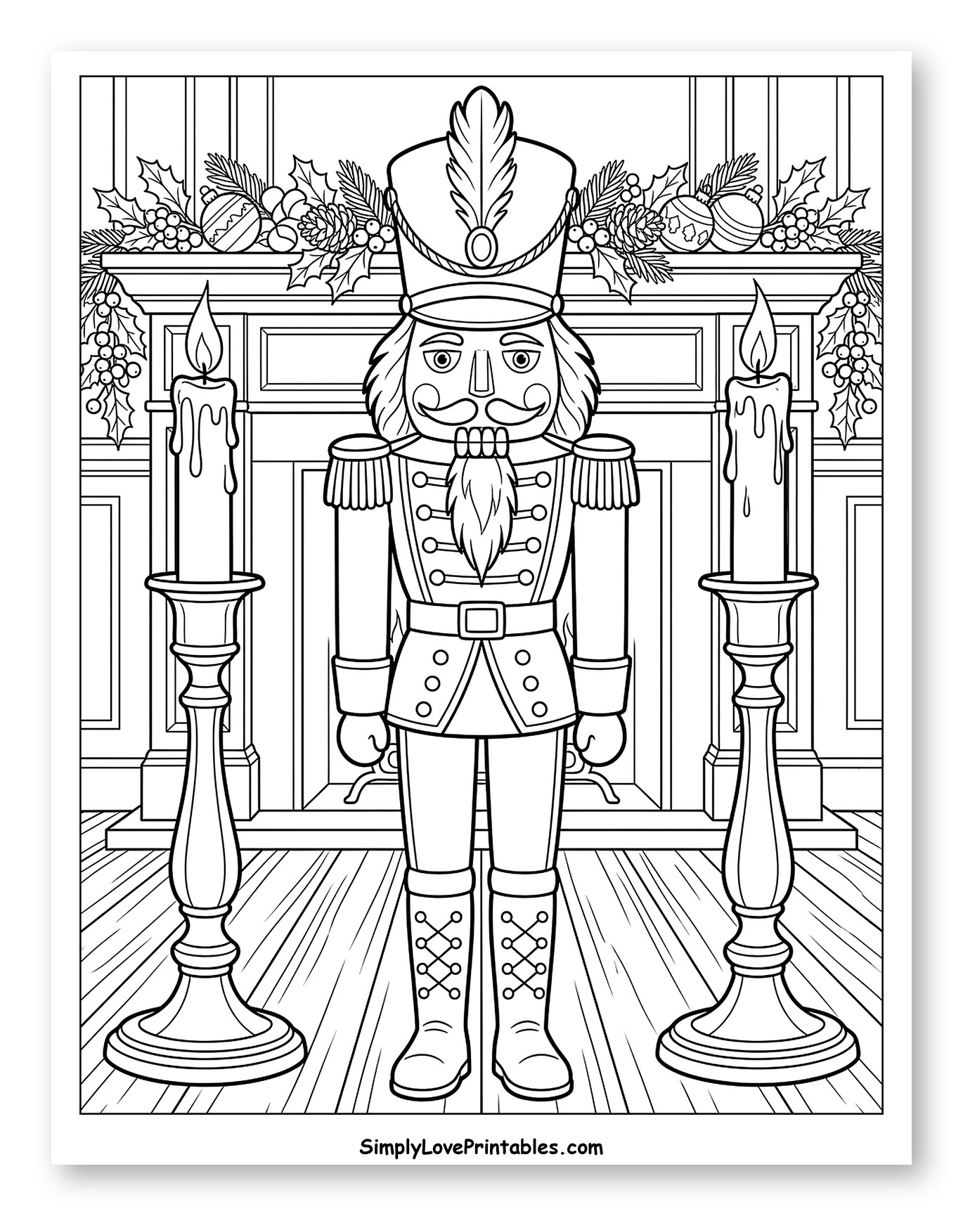 Festive Nutcracker Soldier by the Fireplace Coloring Page