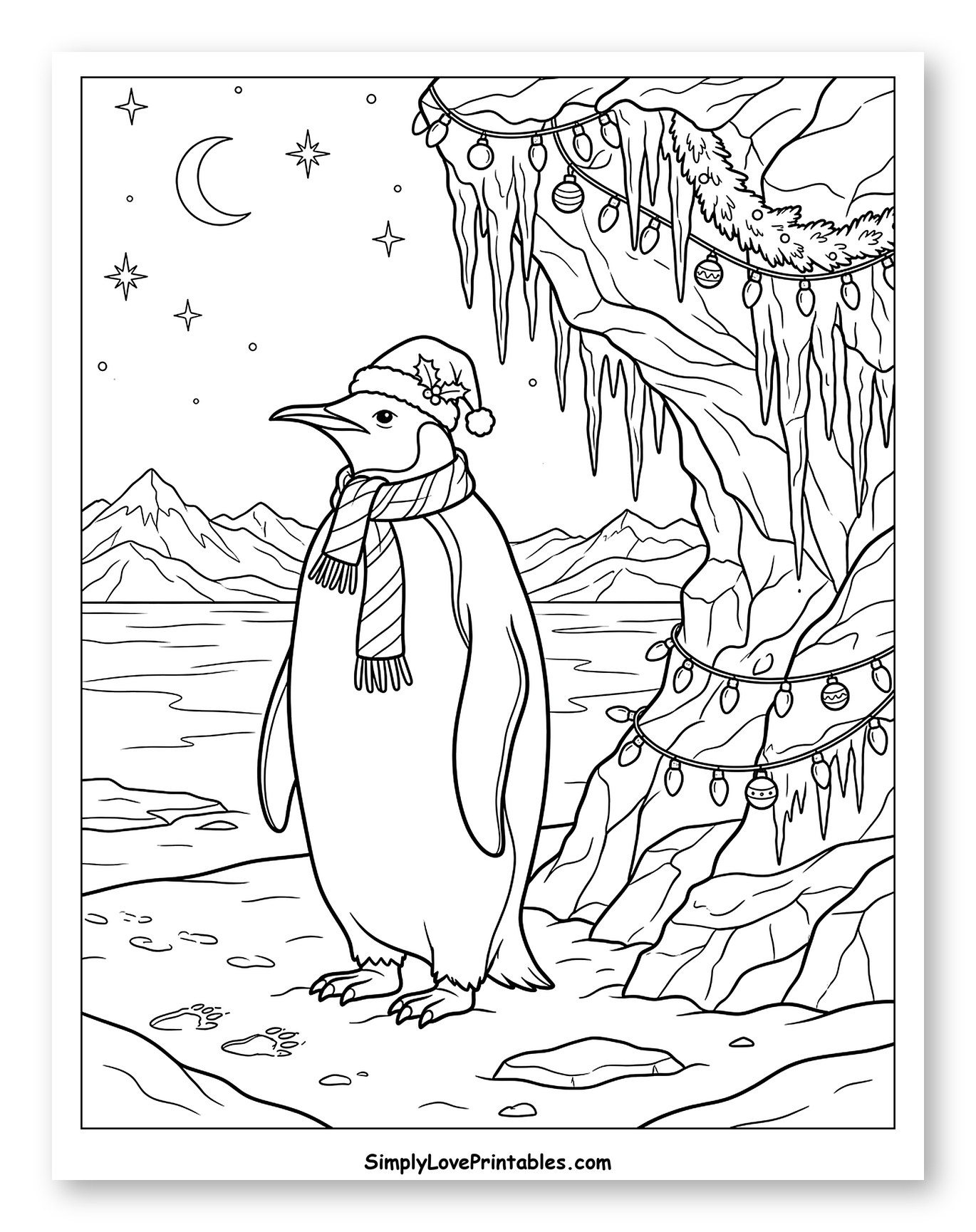 Festive Penguin in a Winter Wonderland Coloring Sheet