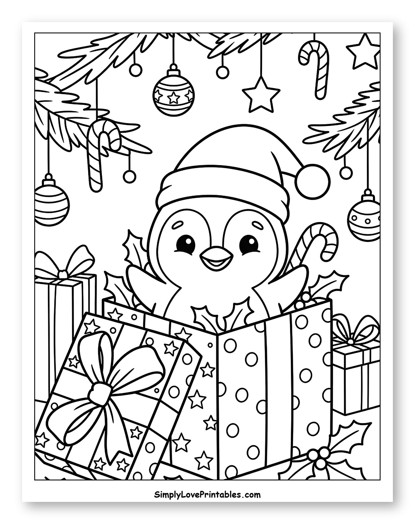 Festive Penguin Popping Out of a Christmas Gift Coloring Page for Kids
