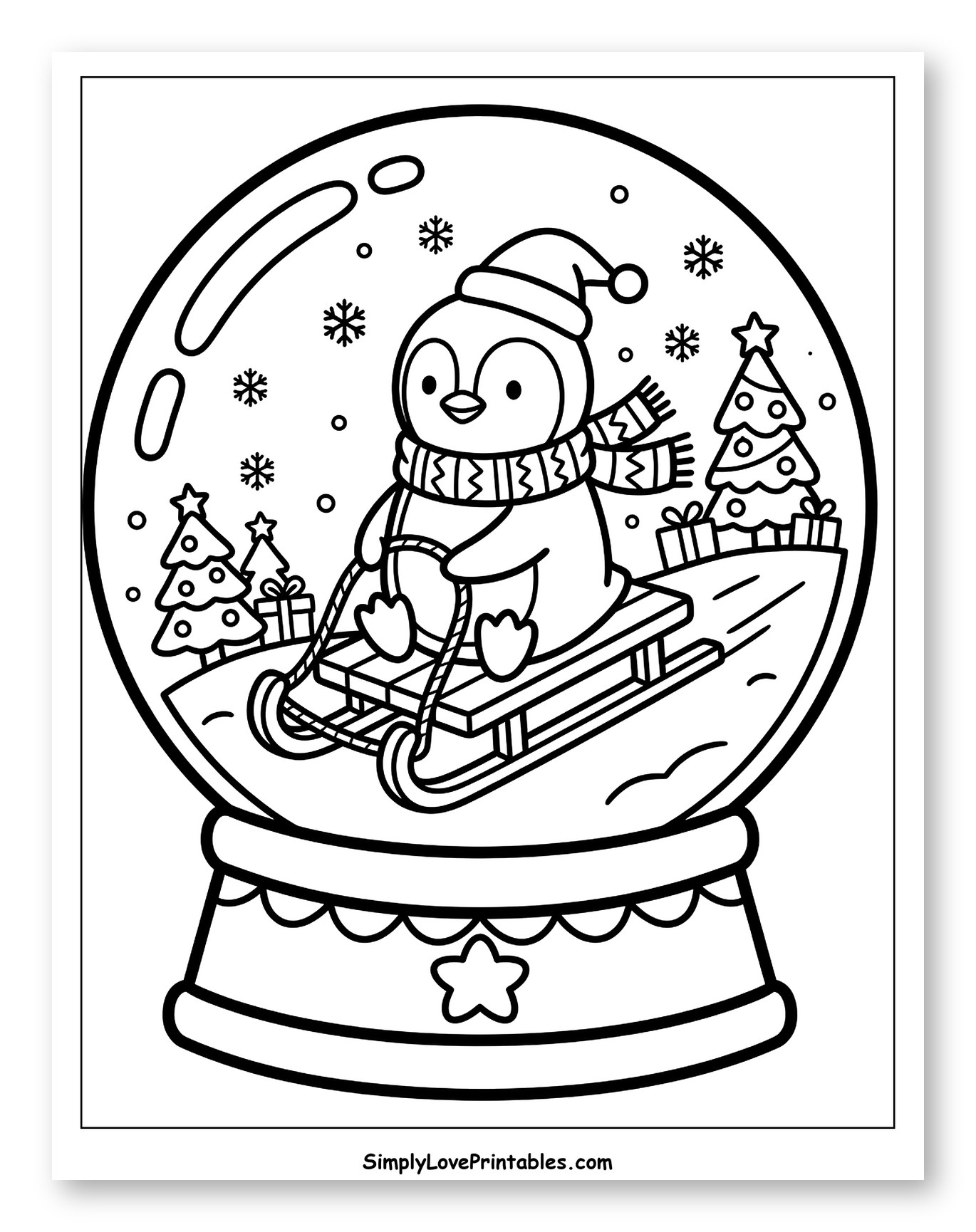 Festive Penguin Sledding Inside a Snow Globe