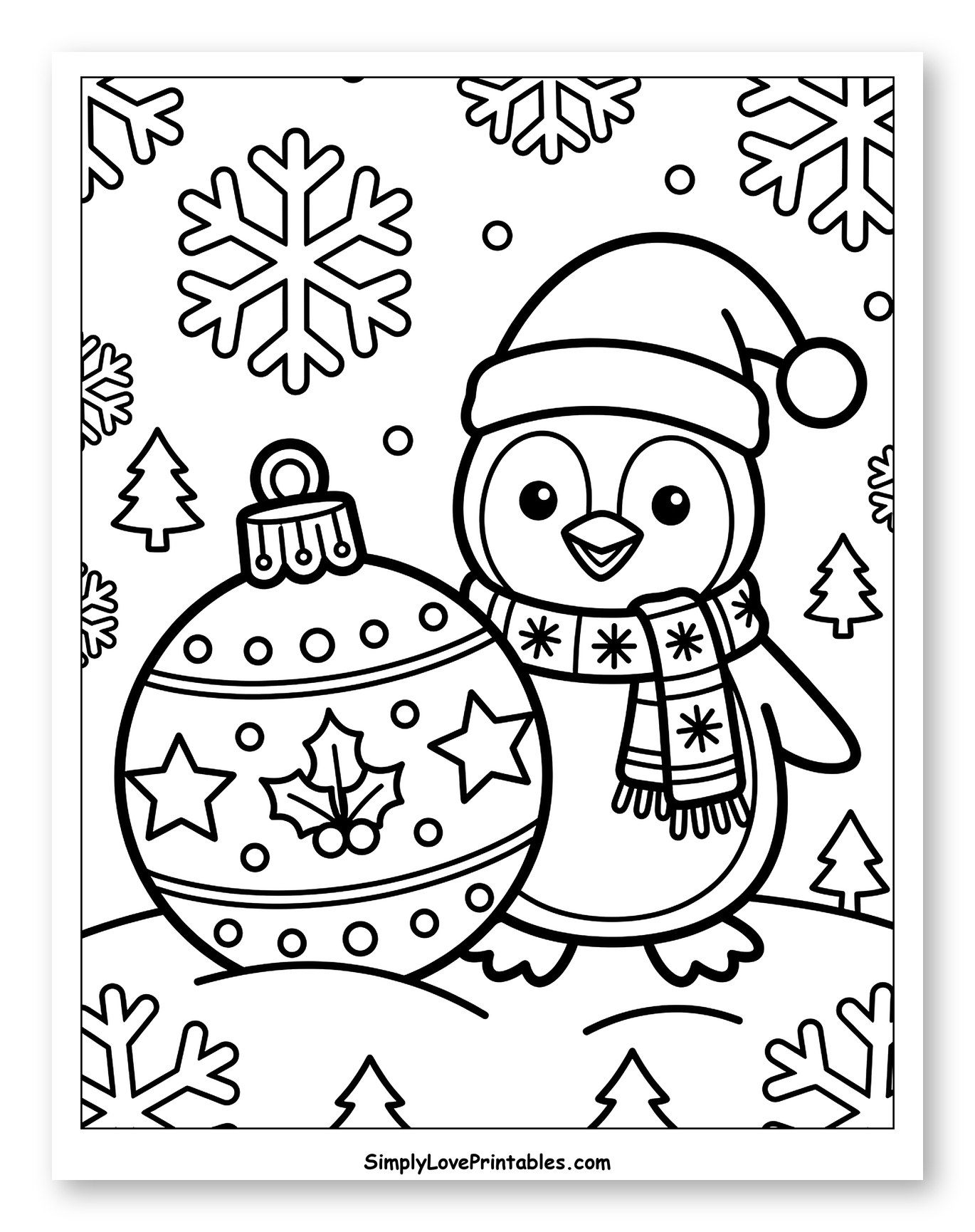 Festive Penguin with a Giant Christmas Ornament Coloring Page for Toddlers