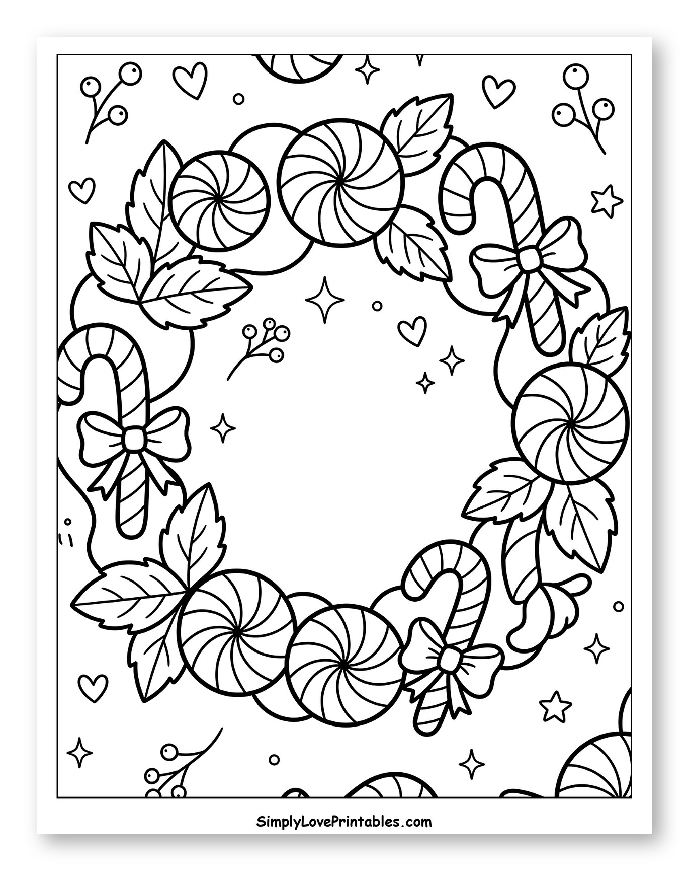 Festive Peppermint Wreath with Candy Canes Coloring Sheet for Adults
