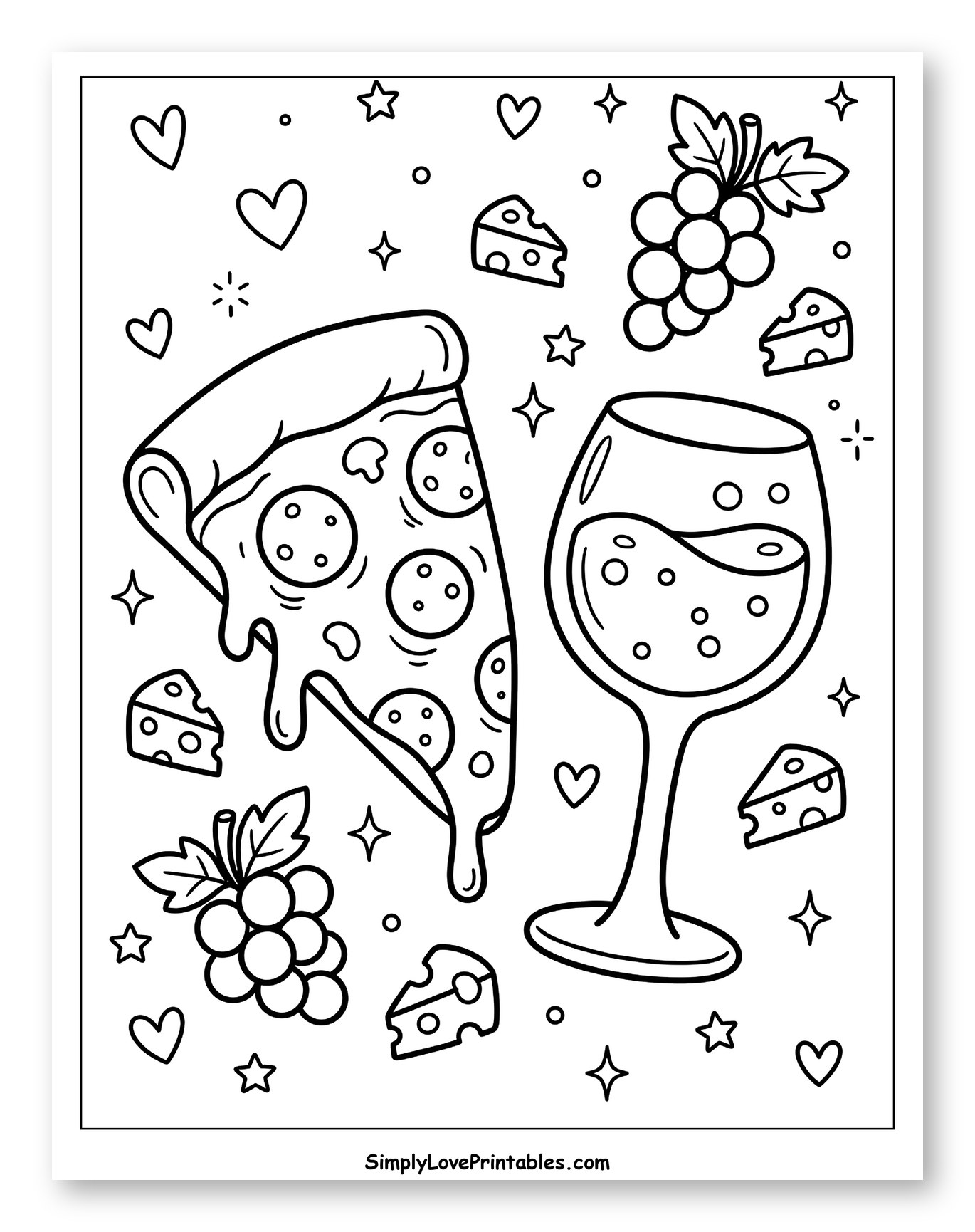 Festive Pizza, Wine, and Cheese Spread Coloring Sheet for Adults