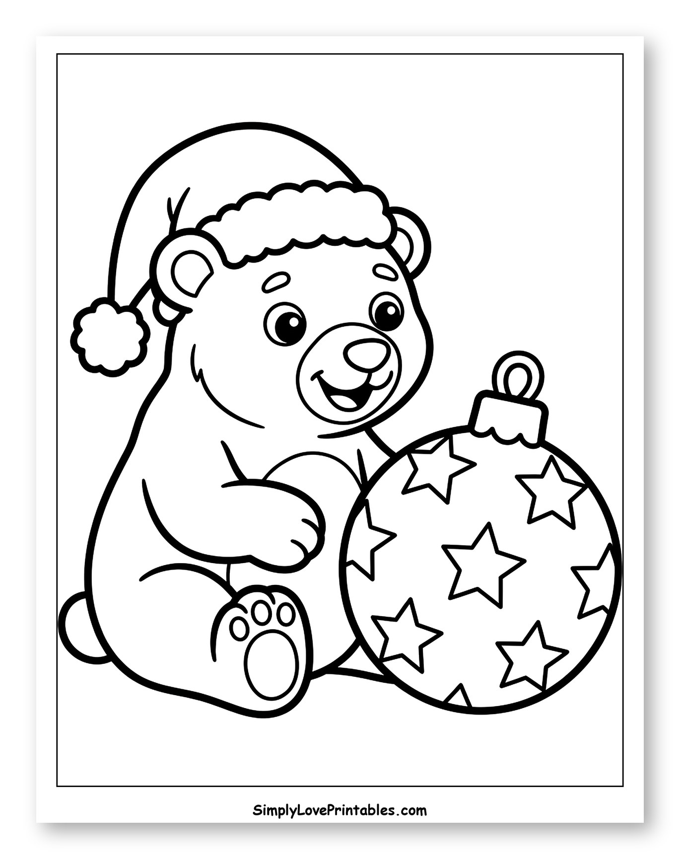 Festive Polar Bear Cub with Starry Christmas Bauble Coloring Sheet for Toddlers