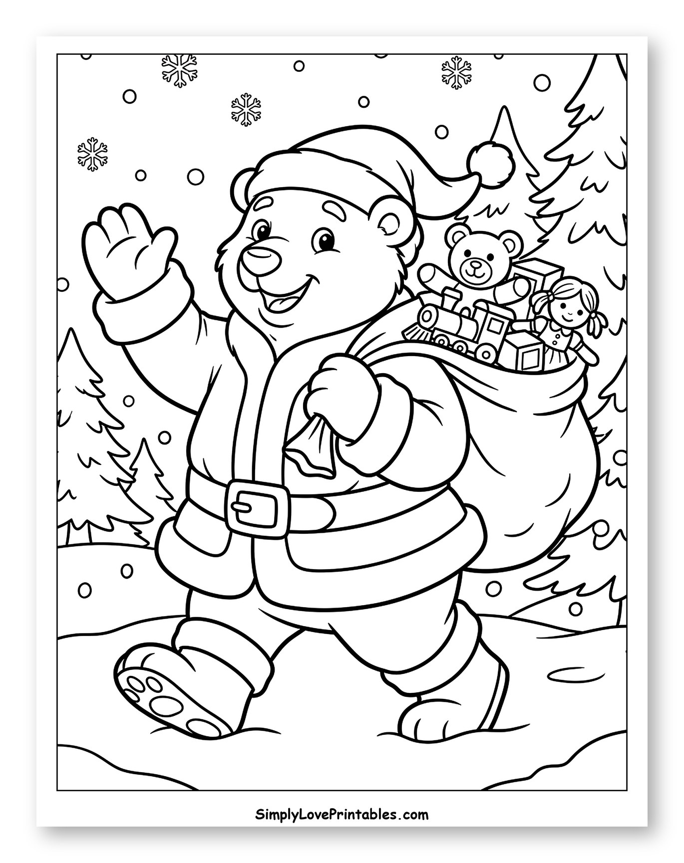 Festive Polar Bear Santa Carrying Christmas Toys Coloring Sheet for Kids