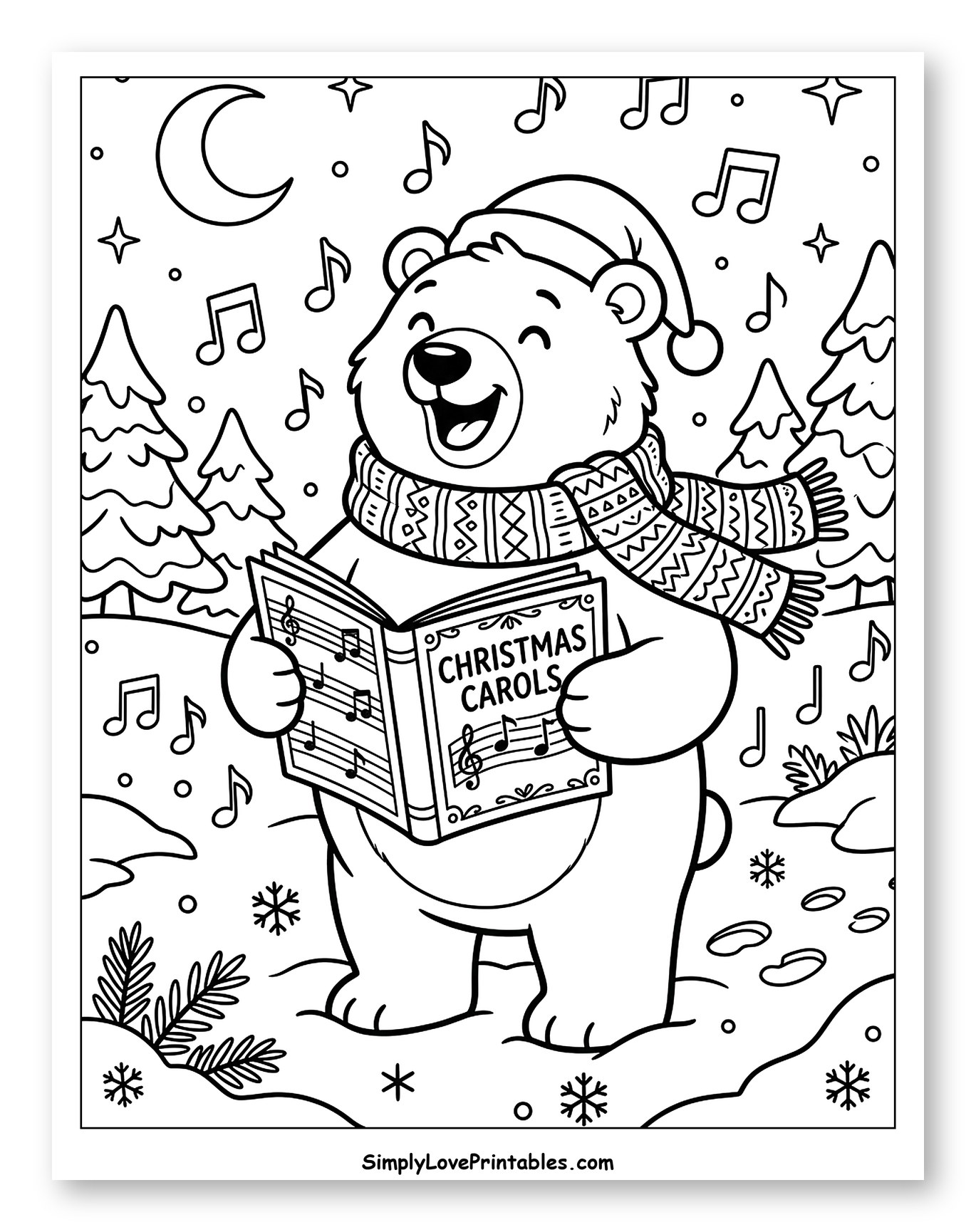 Festive Polar Bear Singing Carols in the Snow to Color for Kids