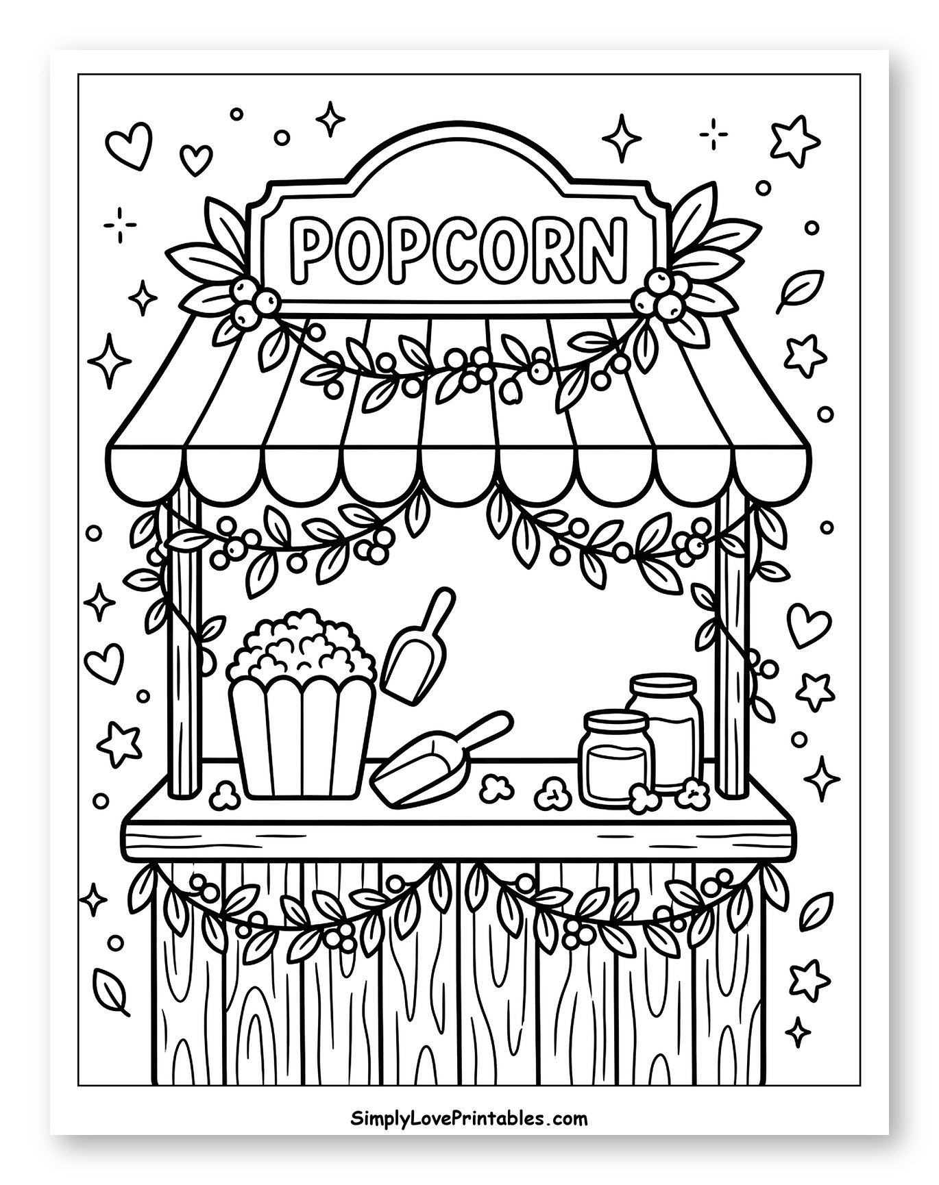 Festive Popcorn Booth with Berries and Stars Coloring Page for Adults