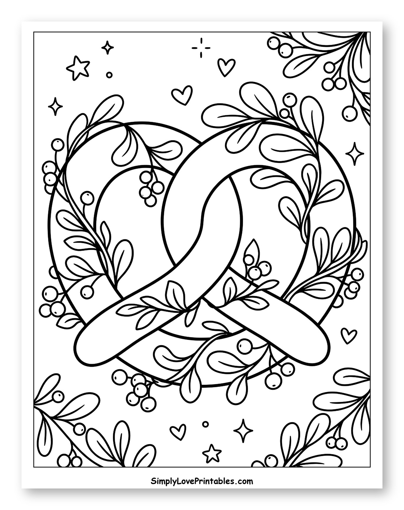 Festive Pretzel with Greenery and Berries Coloring Page for Adults
