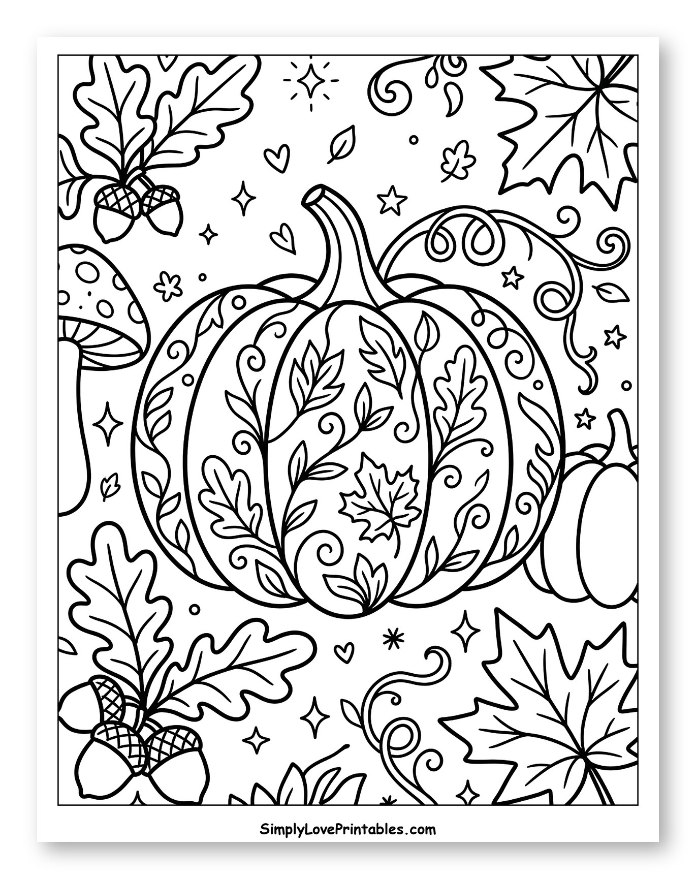 Festive Pumpkin Surrounded by Fall Decorations Coloring Sheet for Adults