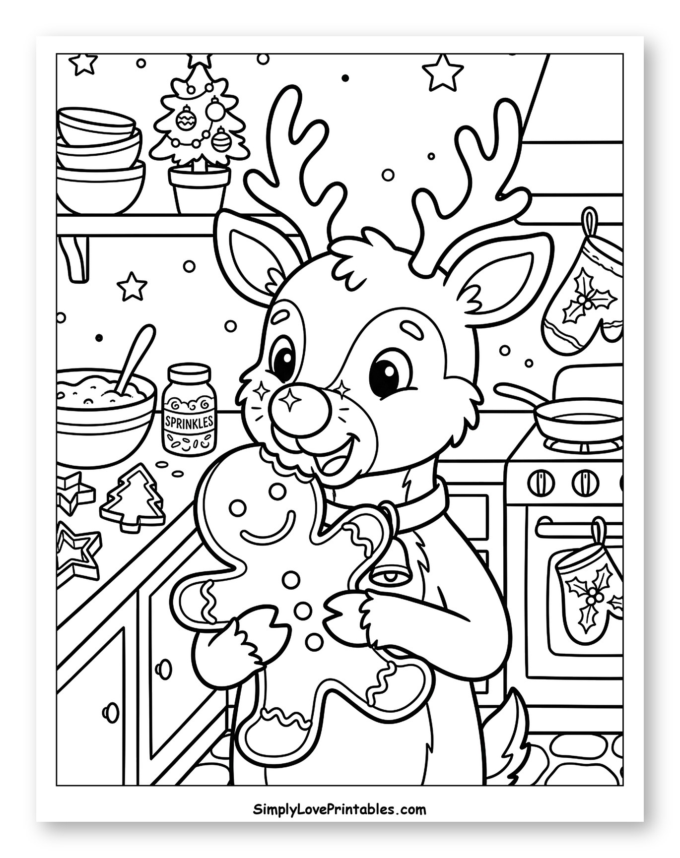 Festive Reindeer Baking Gingerbread in the Kitchen to Color for Kids