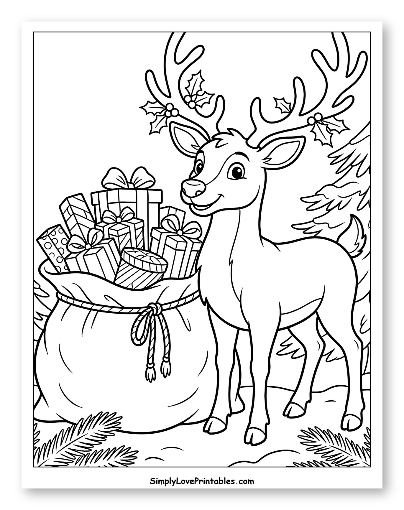 Festive Reindeer Beside a Sack of Christmas Gifts to Color for Kids