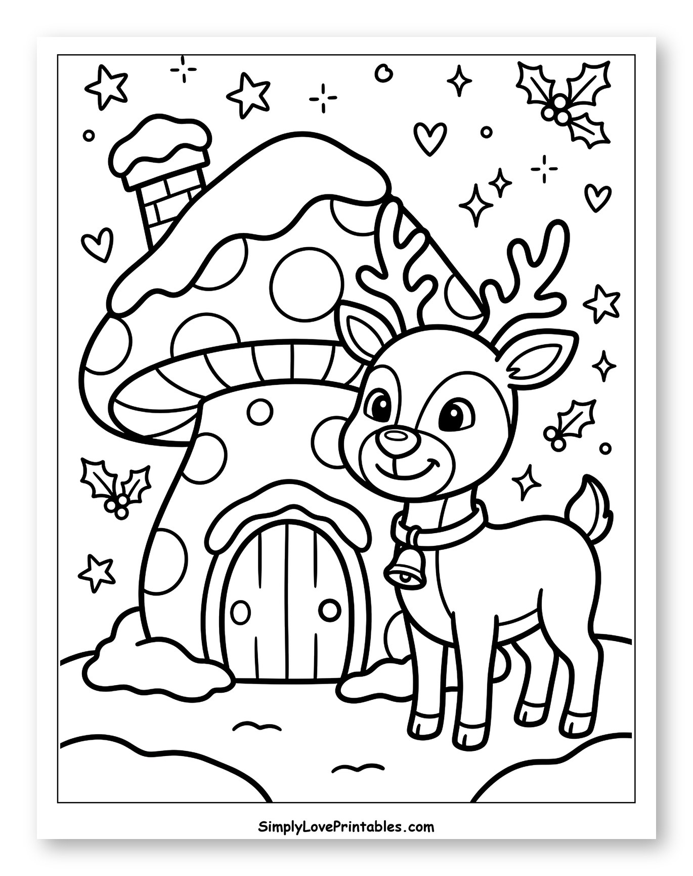 Festive Reindeer by a Cozy Mushroom Cottage Coloring Page for Adults