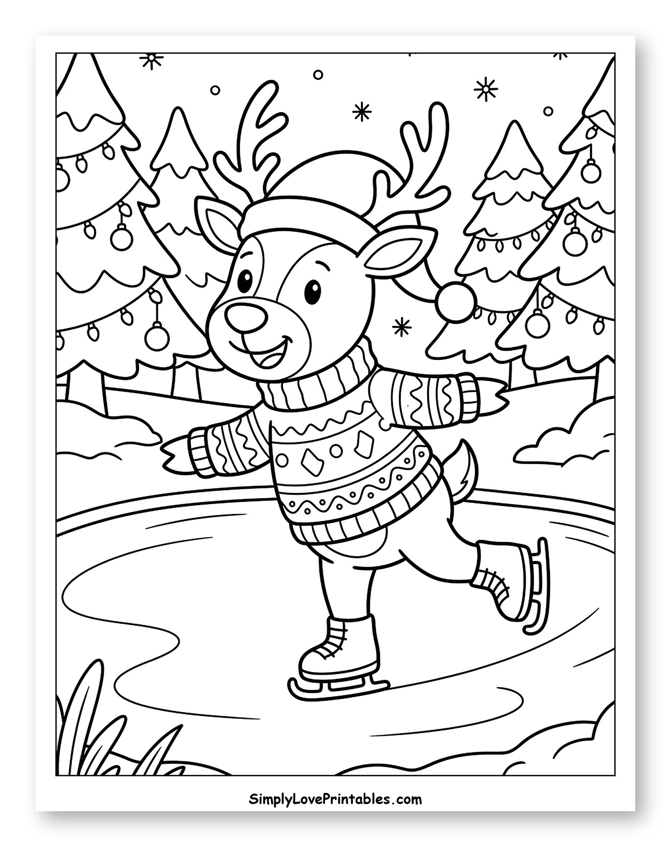 Festive Reindeer Ice Skating on a Frozen Pond to Color for Kids