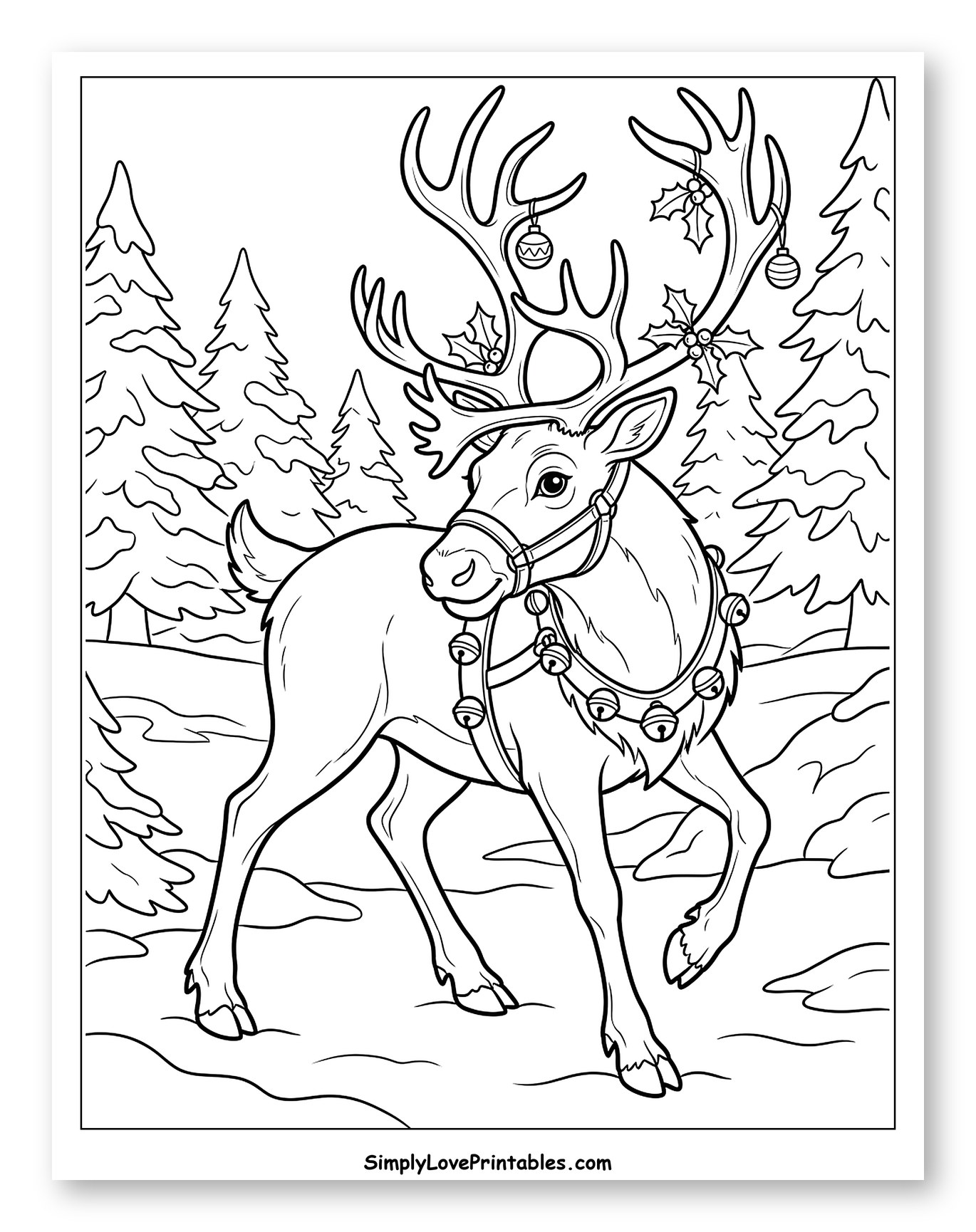 Festive Reindeer in a Snowy Forest Coloring Page
