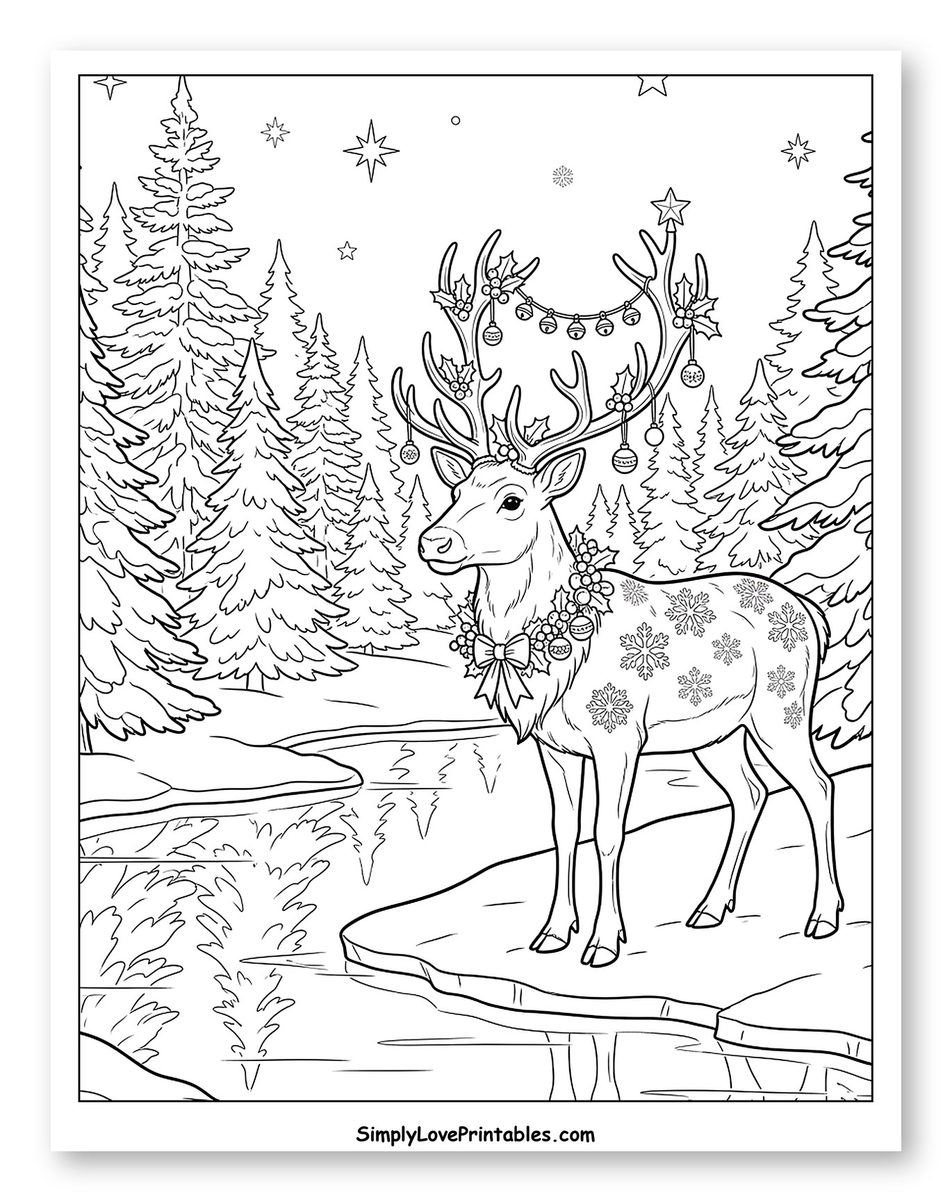 Festive Reindeer Standing by a Winter Stream Coloring Page