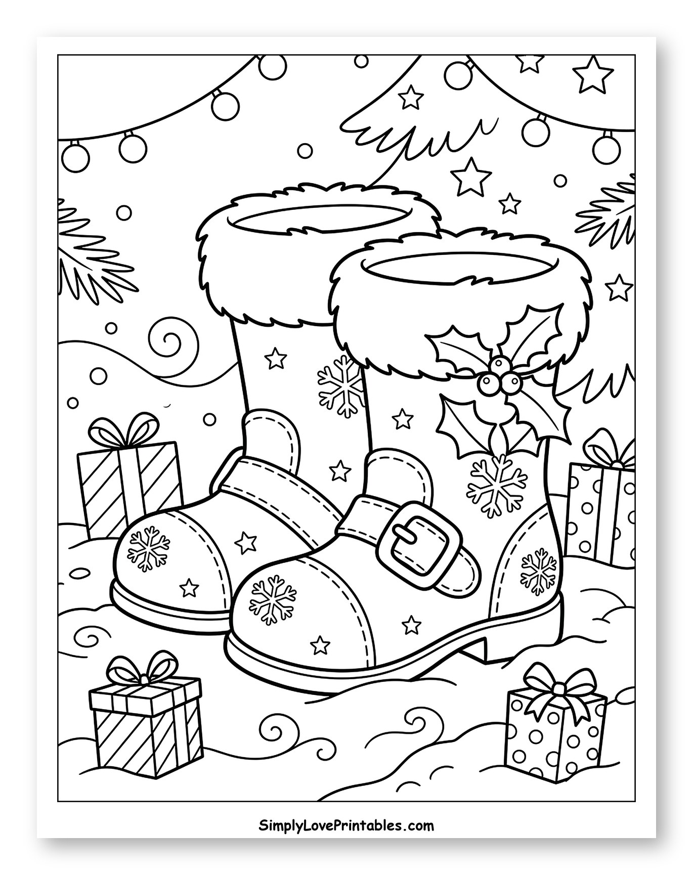 Festive Santa Boots Surrounded by Christmas Gifts