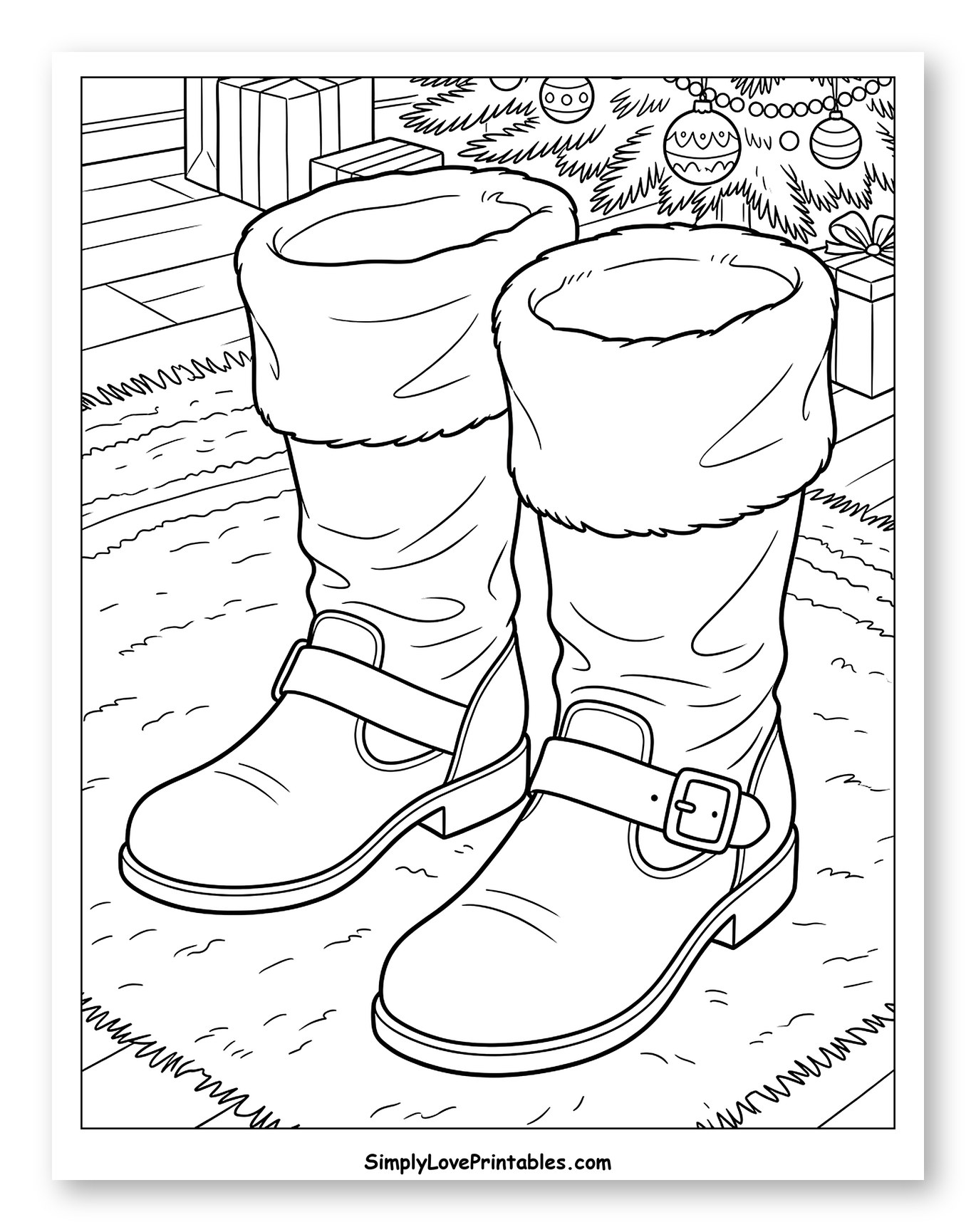 Festive Santa Claus Boots by the Christmas Tree Coloring Page